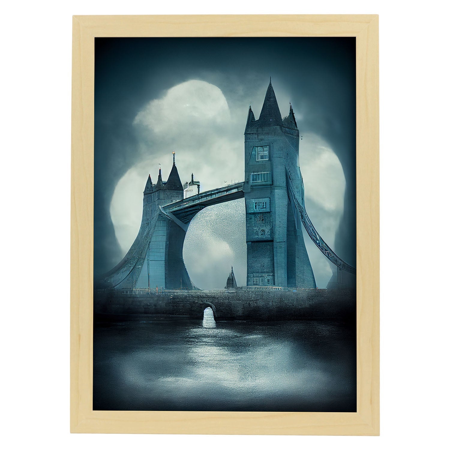 Nacnic Lámina Puente de la Torre Optimista al estilo de T. Burton. Ilustraciones de monumentos, ciudades, paises inspiradas en arte gótico y oscuro. Diseño y Decoración de Interiores.-Artwork-Nacnic-A4-Marco Madera clara-Nacnic Estudio SL