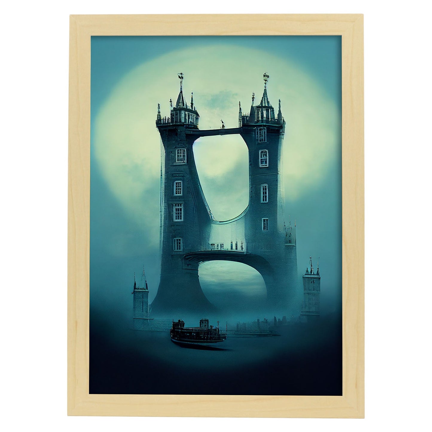 Nacnic Lámina Puente de la Torre Tolerante al estilo de T. Burton. Ilustraciones de monumentos, ciudades, paises inspiradas en arte gótico y oscuro. Diseño y Decoración de Interiores.-Artwork-Nacnic-A4-Marco Madera clara-Nacnic Estudio SL