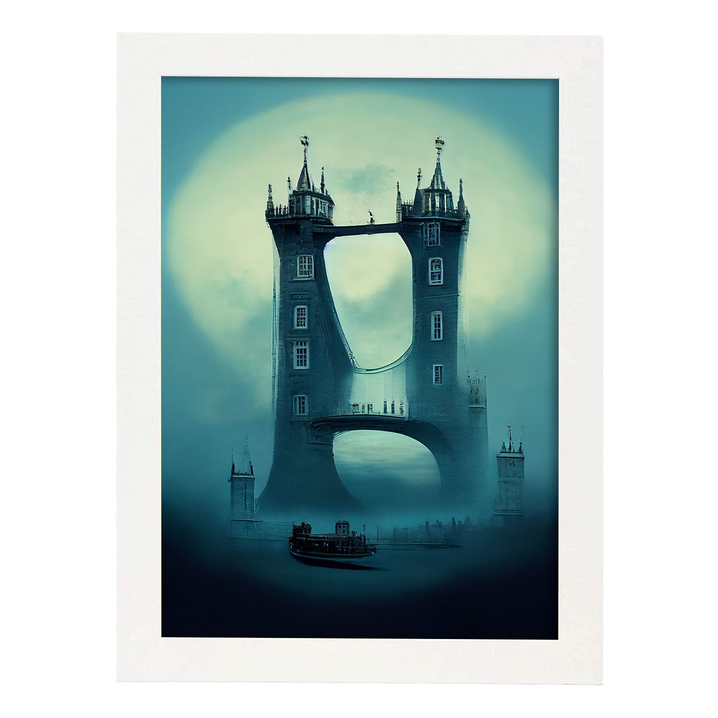 Nacnic Lámina Puente de la Torre Tolerante al estilo de T. Burton. Ilustraciones de monumentos, ciudades, paises inspiradas en arte gótico y oscuro. Diseño y Decoración de Interiores.-Artwork-Nacnic-A4-Marco Blanco-Nacnic Estudio SL