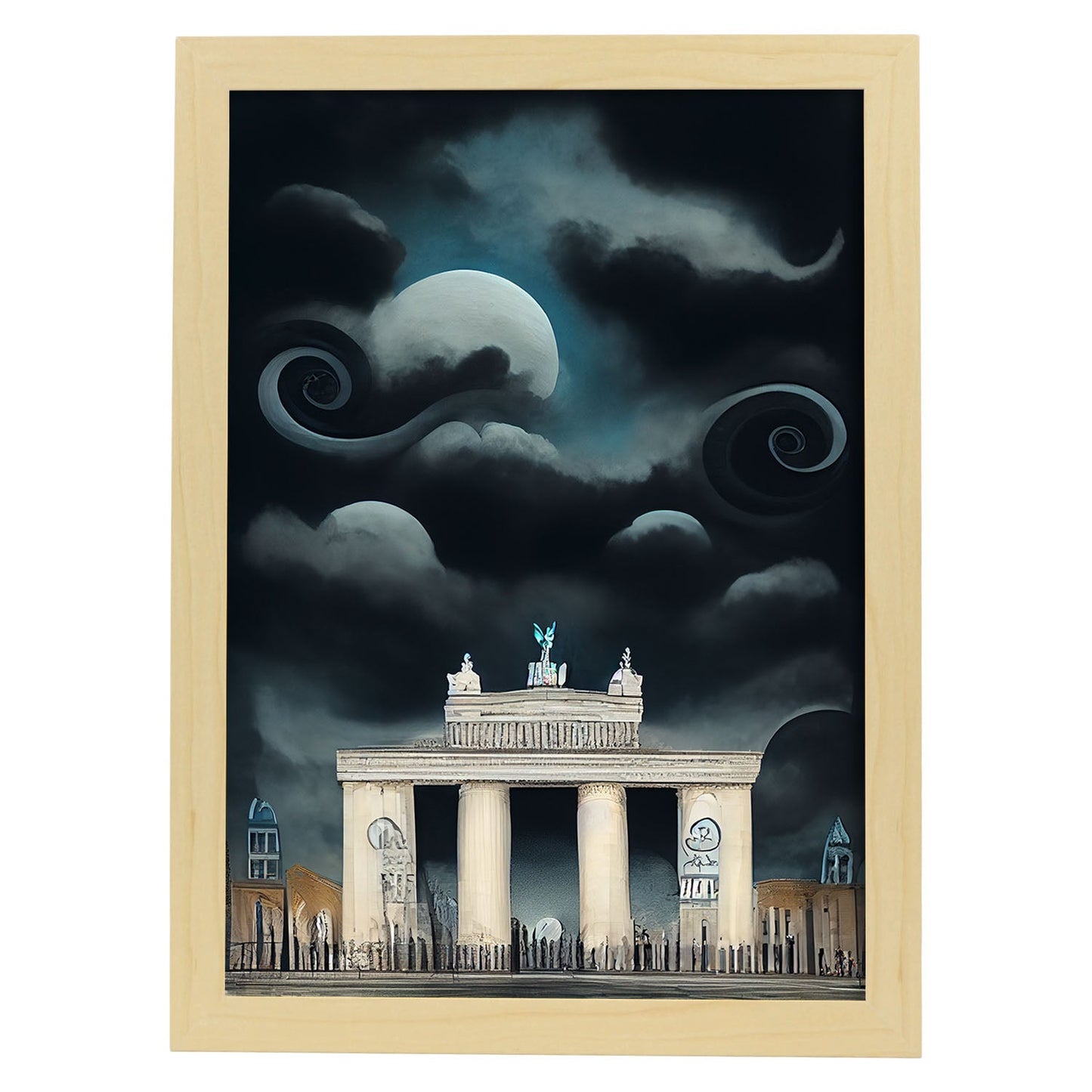 Nacnic Lámina Puerta de Brandenburgo Cariñoso al estilo de T. Burton. Ilustraciones de monumentos, ciudades, paises inspiradas en arte gótico y oscuro. Diseño y Decoración de Interiores.-Artwork-Nacnic-A4-Marco Madera clara-Nacnic Estudio SL