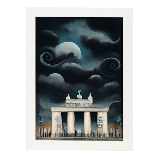 Nacnic Lámina Puerta de Brandenburgo Cariñoso al estilo de T. Burton. Ilustraciones de monumentos, ciudades, paises inspiradas en arte gótico y oscuro. Diseño y Decoración de Interiores.-Artwork-Nacnic-A4-Marco Blanco-Nacnic Estudio SL