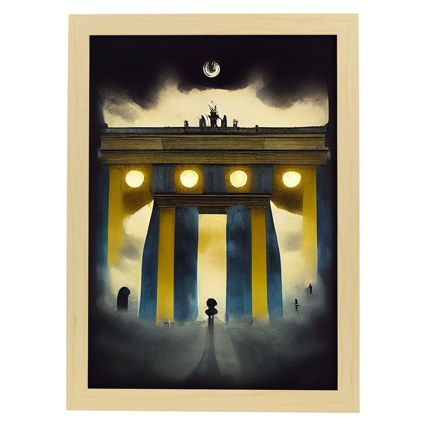 Nacnic Lámina Puerta de Brandenburgo Compasivo al estilo de T. Burton. Ilustraciones de monumentos, ciudades, paises inspiradas en arte gótico y oscuro. Diseño y Decoración de Interiores.-Artwork-Nacnic-A4-Marco Madera clara-Nacnic Estudio SL