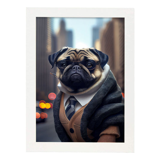 Nacnic Lámina Pug Generoso en estilo Fotografía a todo color. Divertidas ilustraciones realistas de animales con ropa humana. Diseño y Decoración de Interiores.-Artwork-Nacnic-A4-Marco Blanco-Nacnic Estudio SL