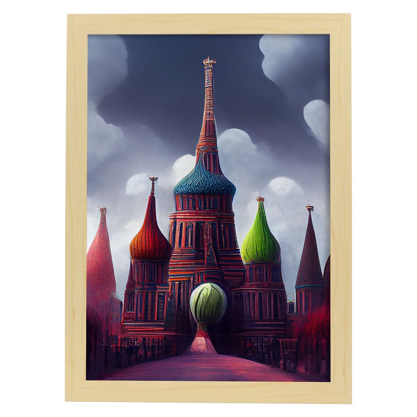 Nacnic Lámina San Basilio a color Encantador al estilo de T. Burton. Ilustraciones de monumentos, ciudades, paises inspiradas en arte gótico y oscuro. Diseño y Decoración de Interiores.-Artwork-Nacnic-A4-Marco Madera clara-Nacnic Estudio SL