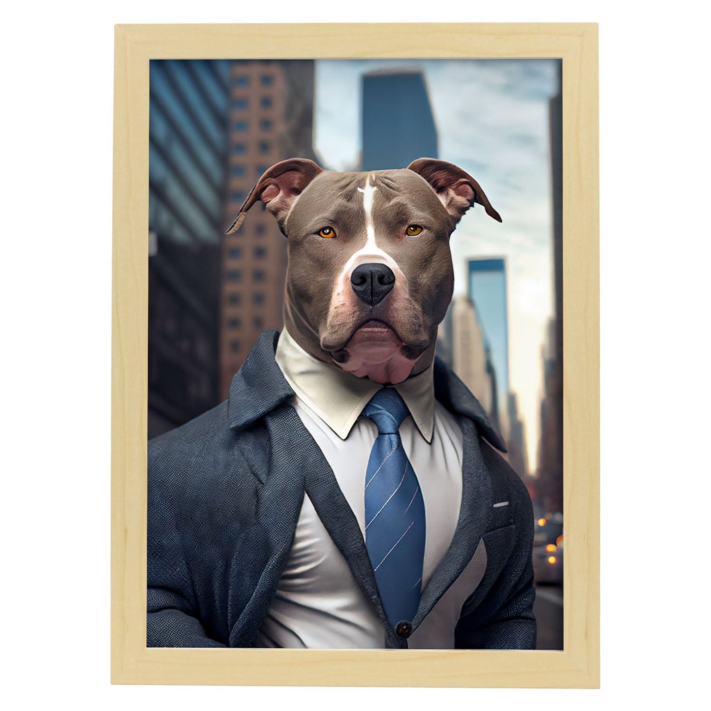 Nacnic Lámina Staffordshire Terrier americano Curioso en estilo Fotografía a todo color. Divertidas ilustraciones realistas de animales con ropa humana. Diseño y Decoración de Interiores.-Artwork-Nacnic-A4-Marco Madera clara-Nacnic Estudio SL