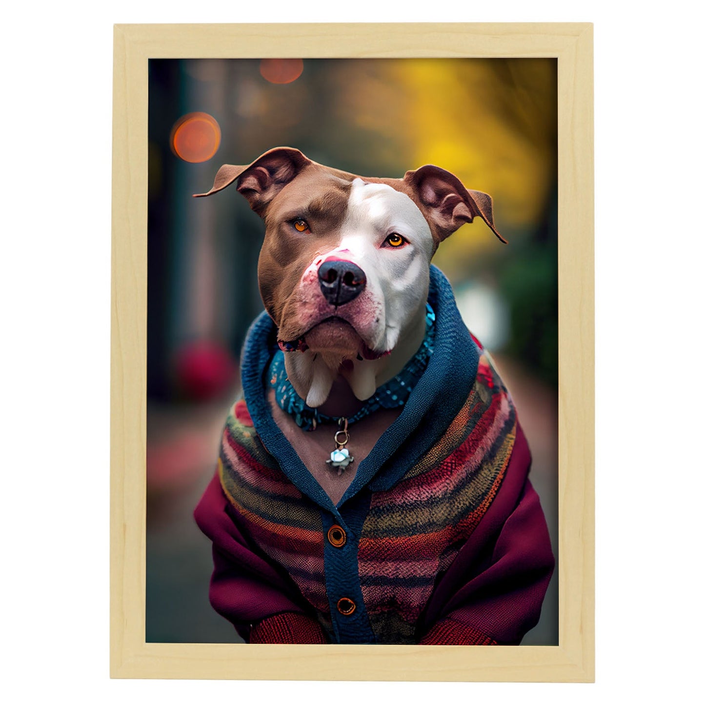 Nacnic Lámina Staffordshire Terrier Cooperativo en estilo Fotografía a todo color. Divertidas ilustraciones realistas de animales con ropa humana. Diseño y Decoración de Interiores.-Artwork-Nacnic-A4-Marco Madera clara-Nacnic Estudio SL