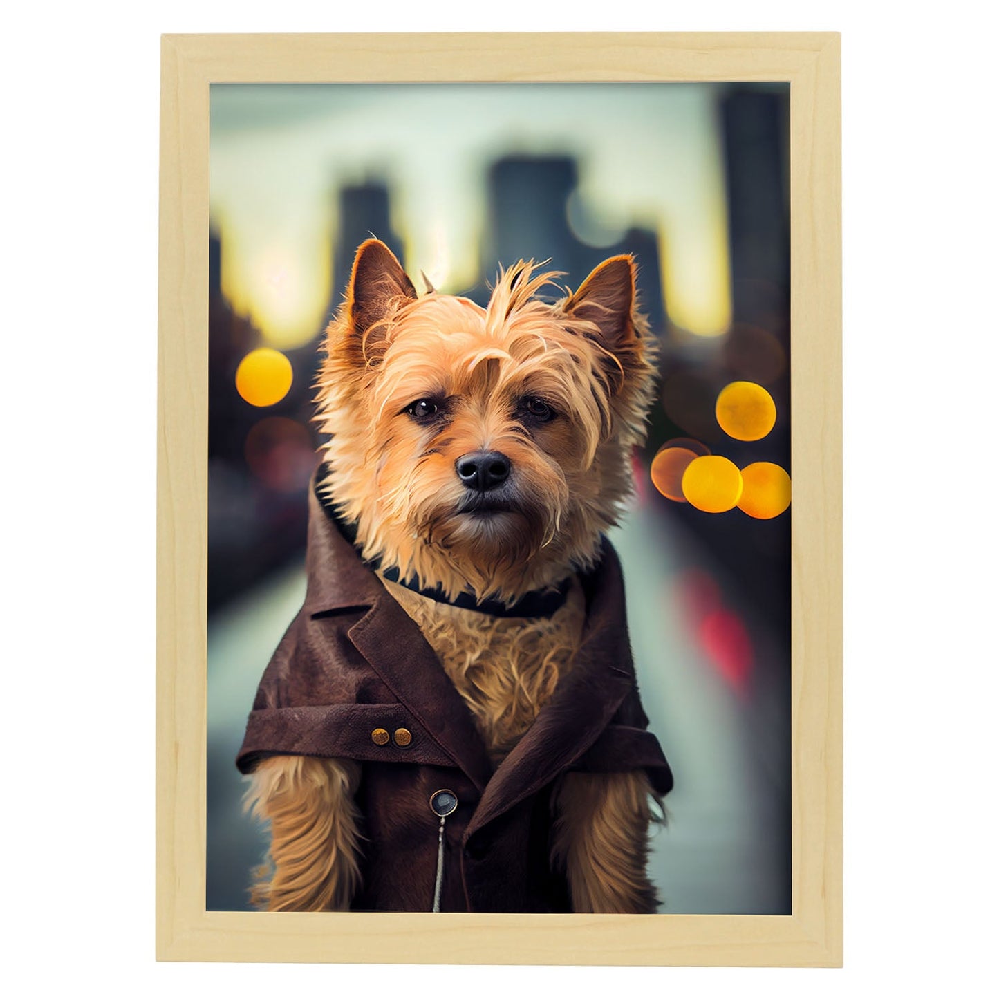 Nacnic Lámina Terrier de Australia Curioso en estilo Fotografía a todo color. Divertidas ilustraciones realistas de animales con ropa humana. Diseño y Decoración de Interiores.-Artwork-Nacnic-A4-Marco Madera clara-Nacnic Estudio SL