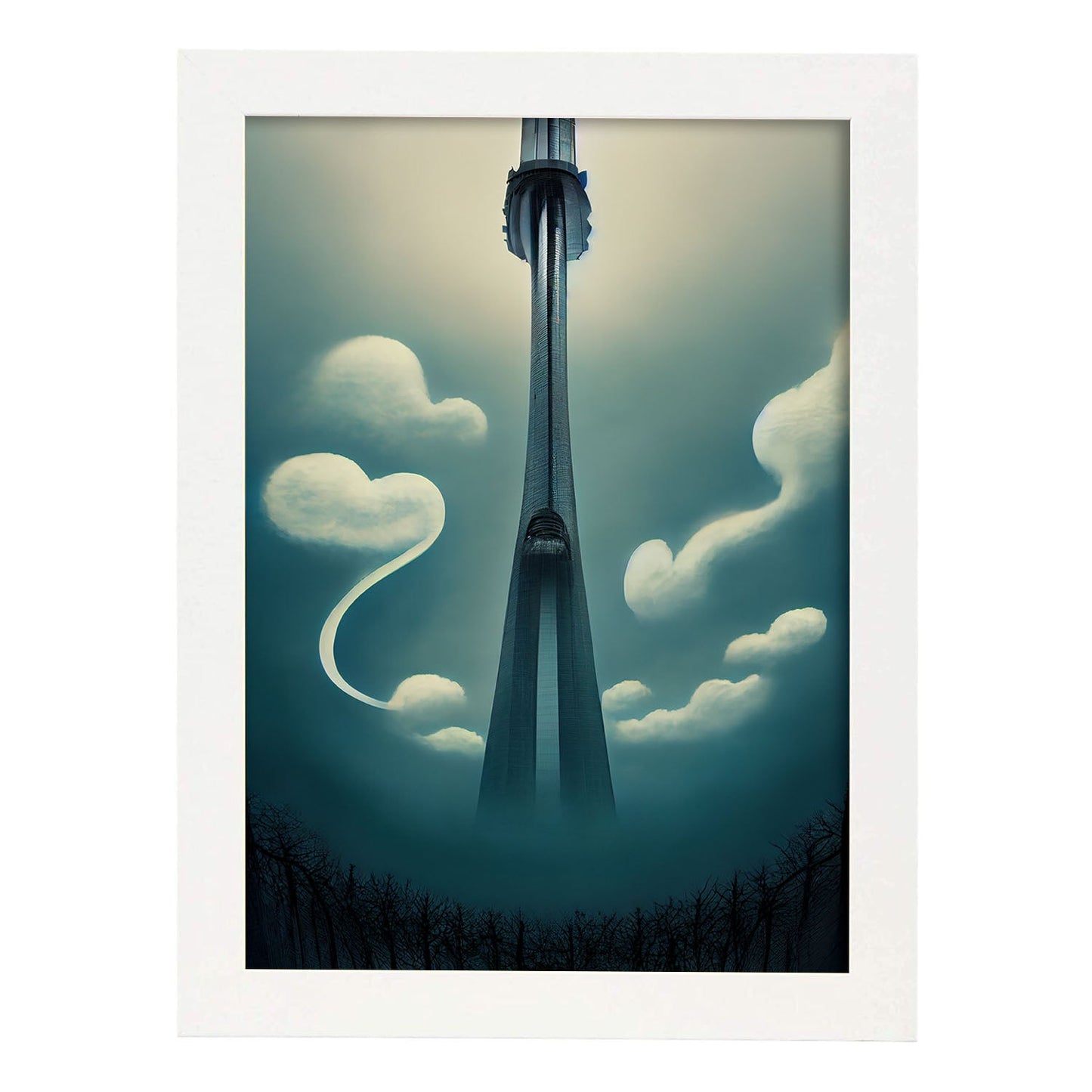 Nacnic Lámina Torre CN Energético al estilo de T. Burton. Ilustraciones de monumentos, ciudades, paises inspiradas en arte gótico y oscuro. Diseño y Decoración de Interiores.-Artwork-Nacnic-A4-Marco Blanco-Nacnic Estudio SL