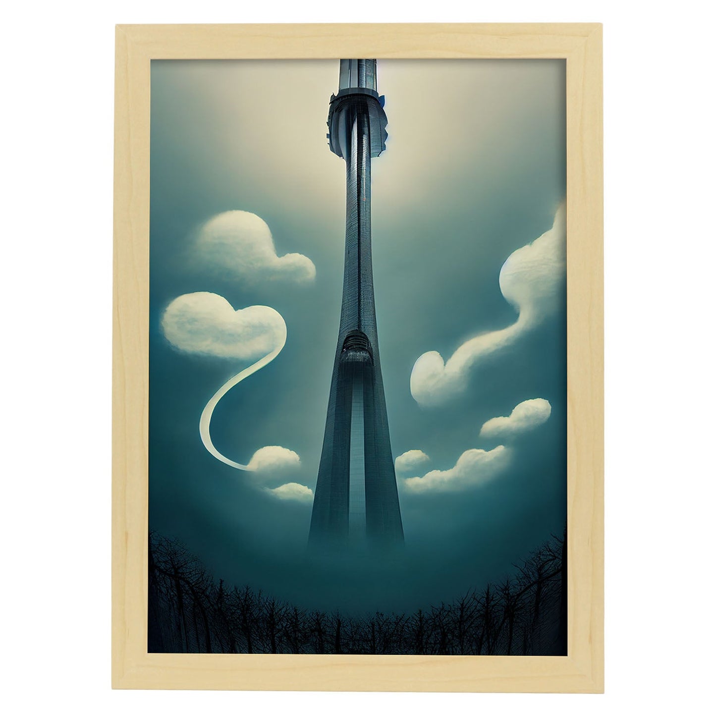 Nacnic Lámina Torre CN Energético al estilo de T. Burton. Ilustraciones de monumentos, ciudades, paises inspiradas en arte gótico y oscuro. Diseño y Decoración de Interiores.-Artwork-Nacnic-A4-Marco Madera clara-Nacnic Estudio SL