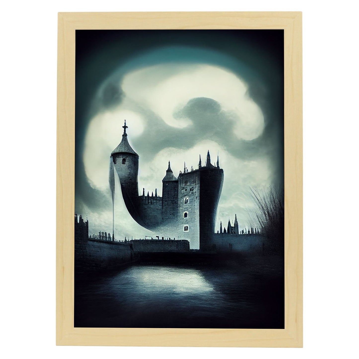 Nacnic Lámina Torre de Londres Optimista al estilo de T. Burton. Ilustraciones de monumentos, ciudades, paises inspiradas en arte gótico y oscuro. Diseño y Decoración de Interiores.-Artwork-Nacnic-A4-Marco Madera clara-Nacnic Estudio SL