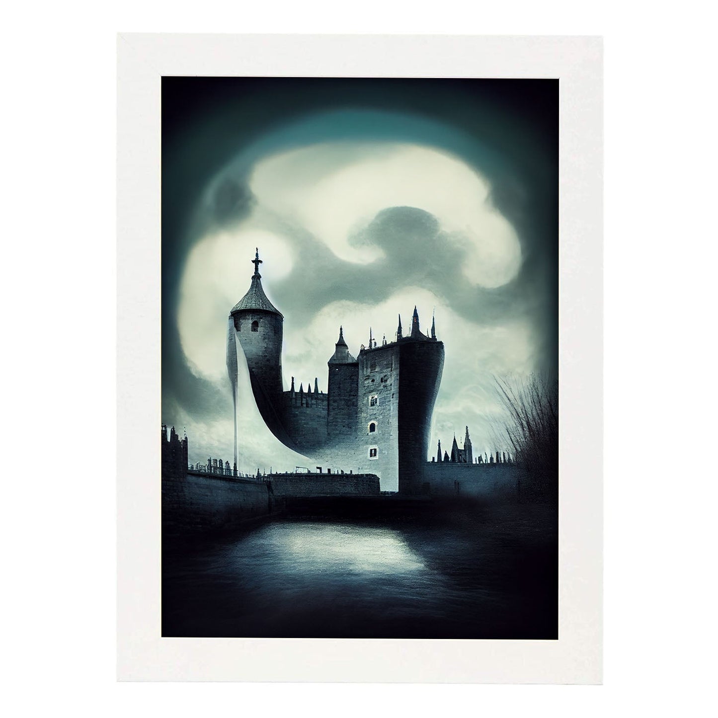 Nacnic Lámina Torre de Londres Optimista al estilo de T. Burton. Ilustraciones de monumentos, ciudades, paises inspiradas en arte gótico y oscuro. Diseño y Decoración de Interiores.-Artwork-Nacnic-A4-Marco Blanco-Nacnic Estudio SL