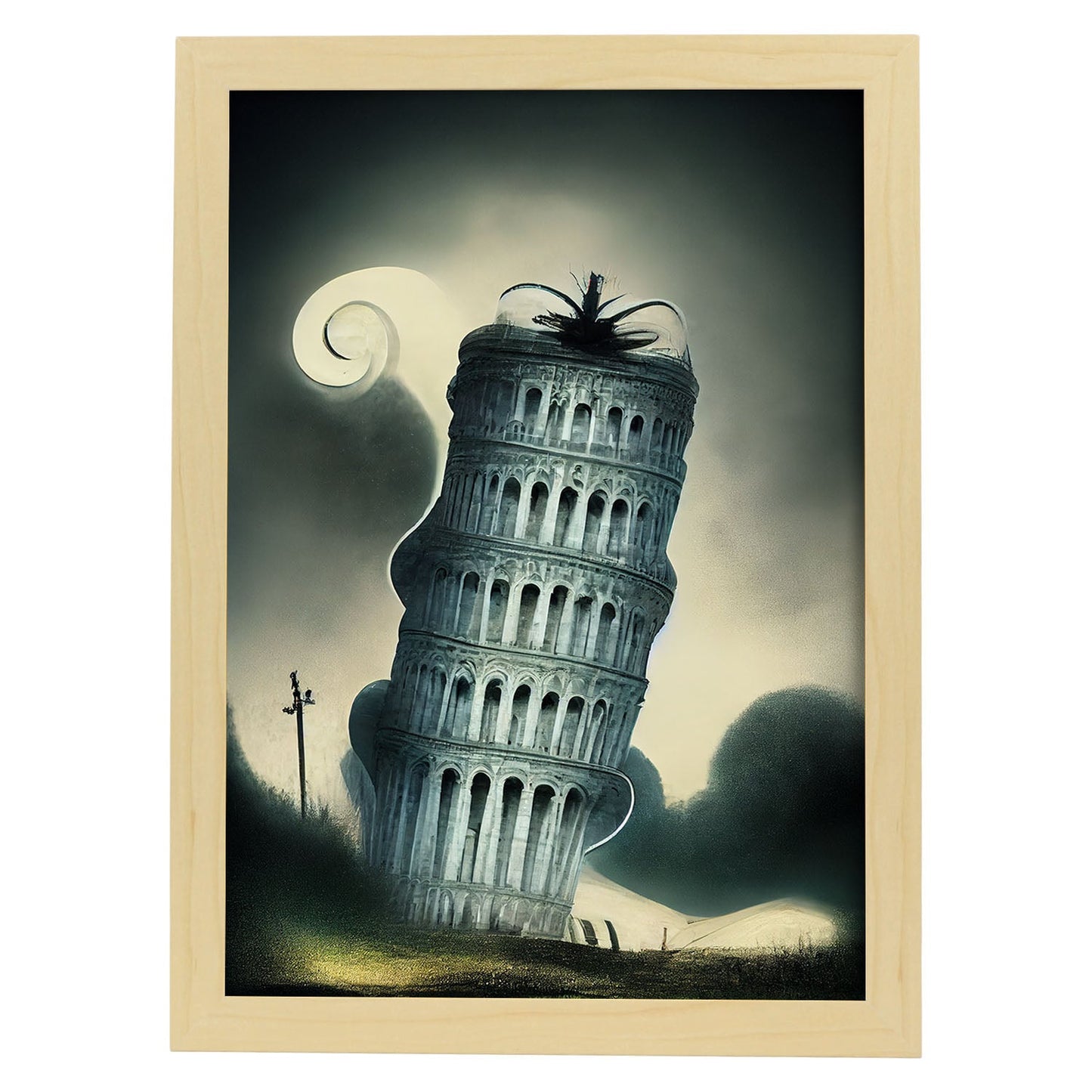 Nacnic Lámina Torre de Pisa Valiente al estilo de T. Burton. Ilustraciones de monumentos, ciudades, paises inspiradas en arte gótico y oscuro. Diseño y Decoración de Interiores.-Artwork-Nacnic-A4-Marco Madera clara-Nacnic Estudio SL