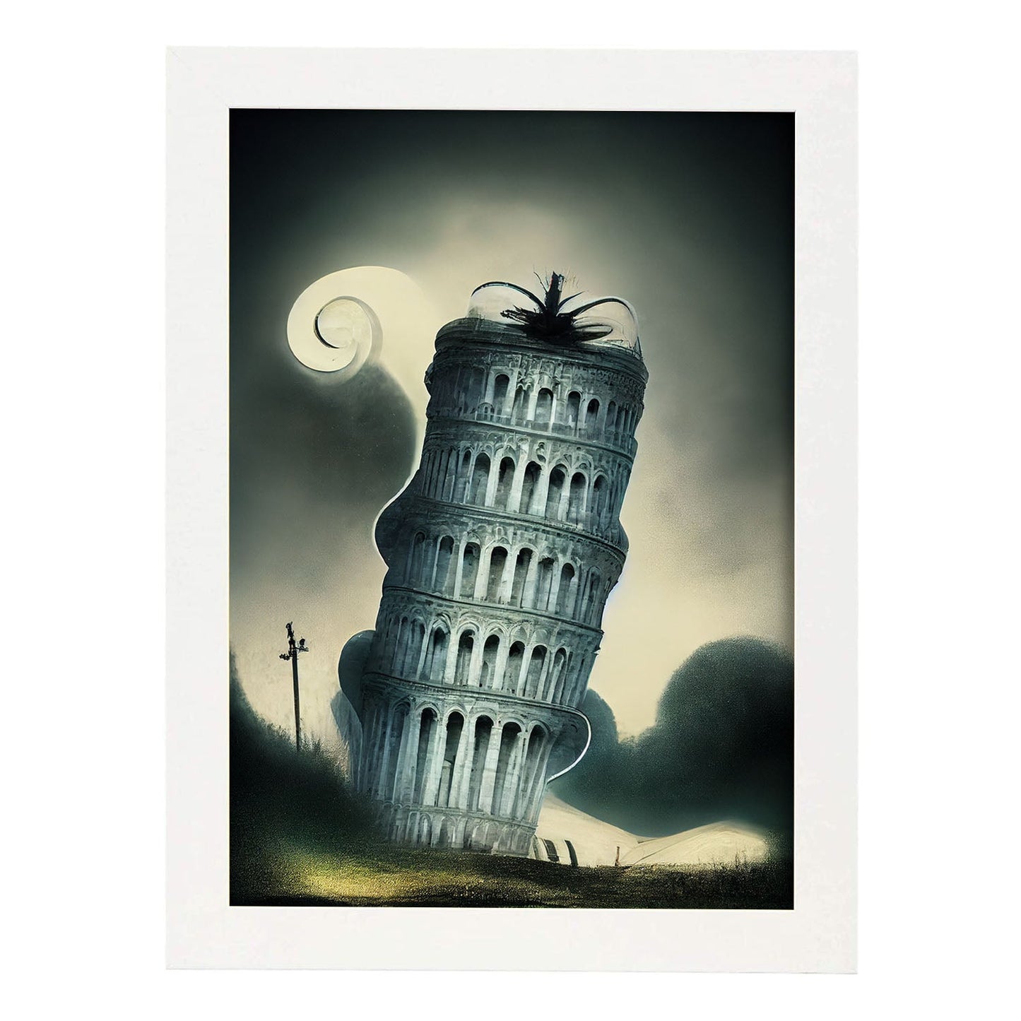 Nacnic Lámina Torre de Pisa Valiente al estilo de T. Burton. Ilustraciones de monumentos, ciudades, paises inspiradas en arte gótico y oscuro. Diseño y Decoración de Interiores.-Artwork-Nacnic-A4-Marco Blanco-Nacnic Estudio SL