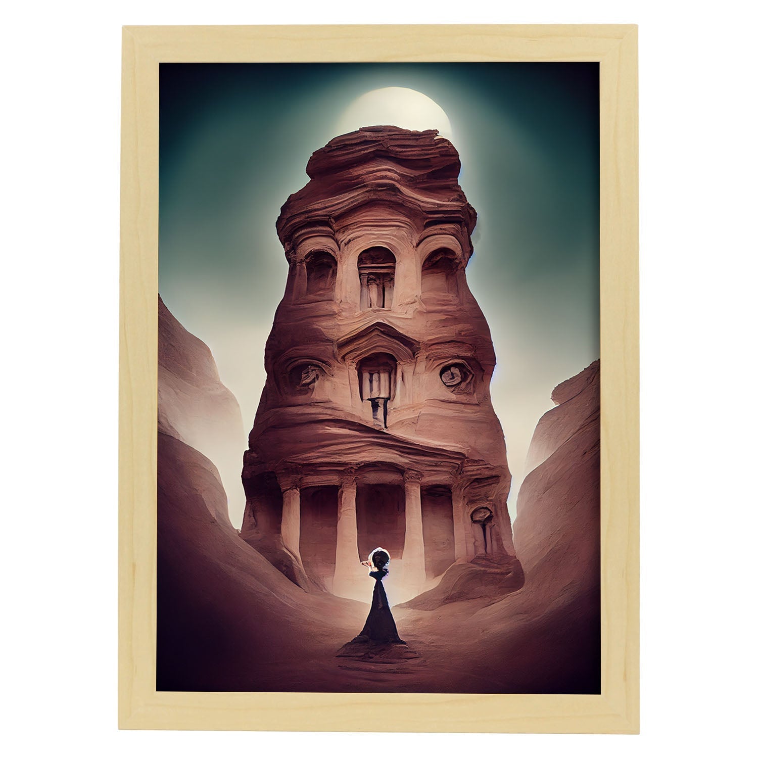 Nacnic Lámina Torre Petra Creativo al estilo de T. Burton. Ilustraciones de monumentos, ciudades, paises inspiradas en arte gótico y oscuro. Diseño y Decoración de Interiores.-Artwork-Nacnic-A4-Marco Madera clara-Nacnic Estudio SL