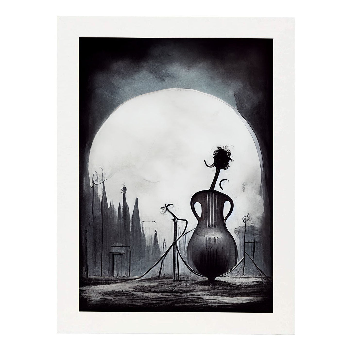 Nacnic Lámina Violonchelo Racional al estilo de T. Burton. Ilustraciones de escenas y lugares inspiradas en arte gótico y oscuro. Diseño y Decoración de Interiores.-Artwork-Nacnic-A4-Marco Blanco-Nacnic Estudio SL