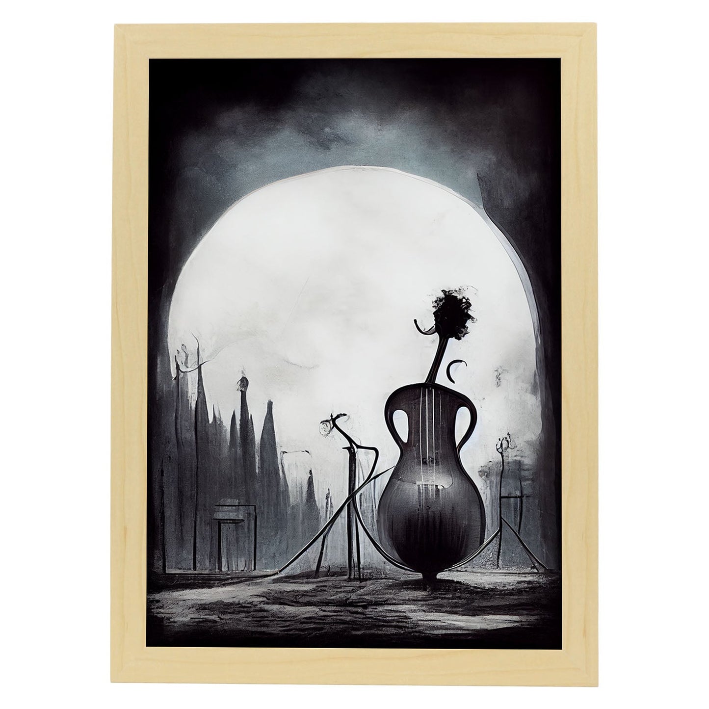 Nacnic Lámina Violonchelo Racional al estilo de T. Burton. Ilustraciones de escenas y lugares inspiradas en arte gótico y oscuro. Diseño y Decoración de Interiores.-Artwork-Nacnic-A4-Marco Madera clara-Nacnic Estudio SL