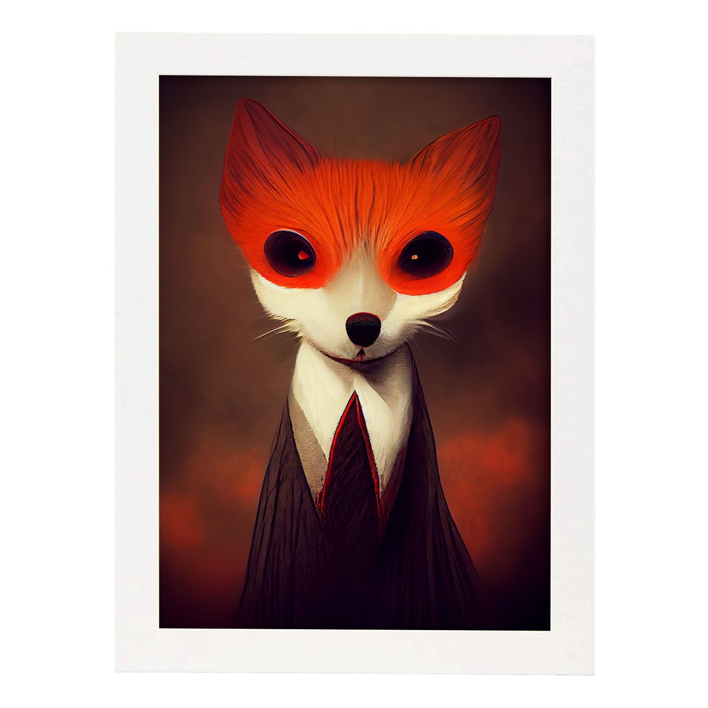 Nacnic Lámina Zorro Confiado estilo T. Burton. Ilustraciones y pósters de animales inspirados en el arte gótico y oscuro de Burton. Diseño y Decoración de Interiores.-Artwork-Nacnic-A4-Marco Blanco-Nacnic Estudio SL