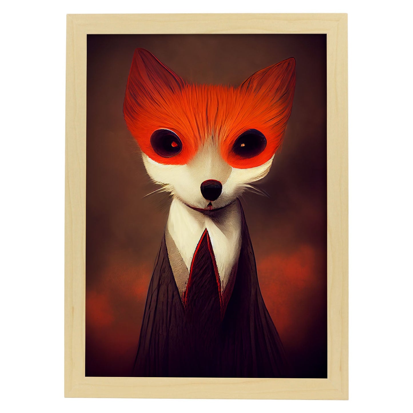 Nacnic Lámina Zorro Confiado estilo T. Burton. Ilustraciones y pósters de animales inspirados en el arte gótico y oscuro de Burton. Diseño y Decoración de Interiores.-Artwork-Nacnic-A4-Marco Madera clara-Nacnic Estudio SL