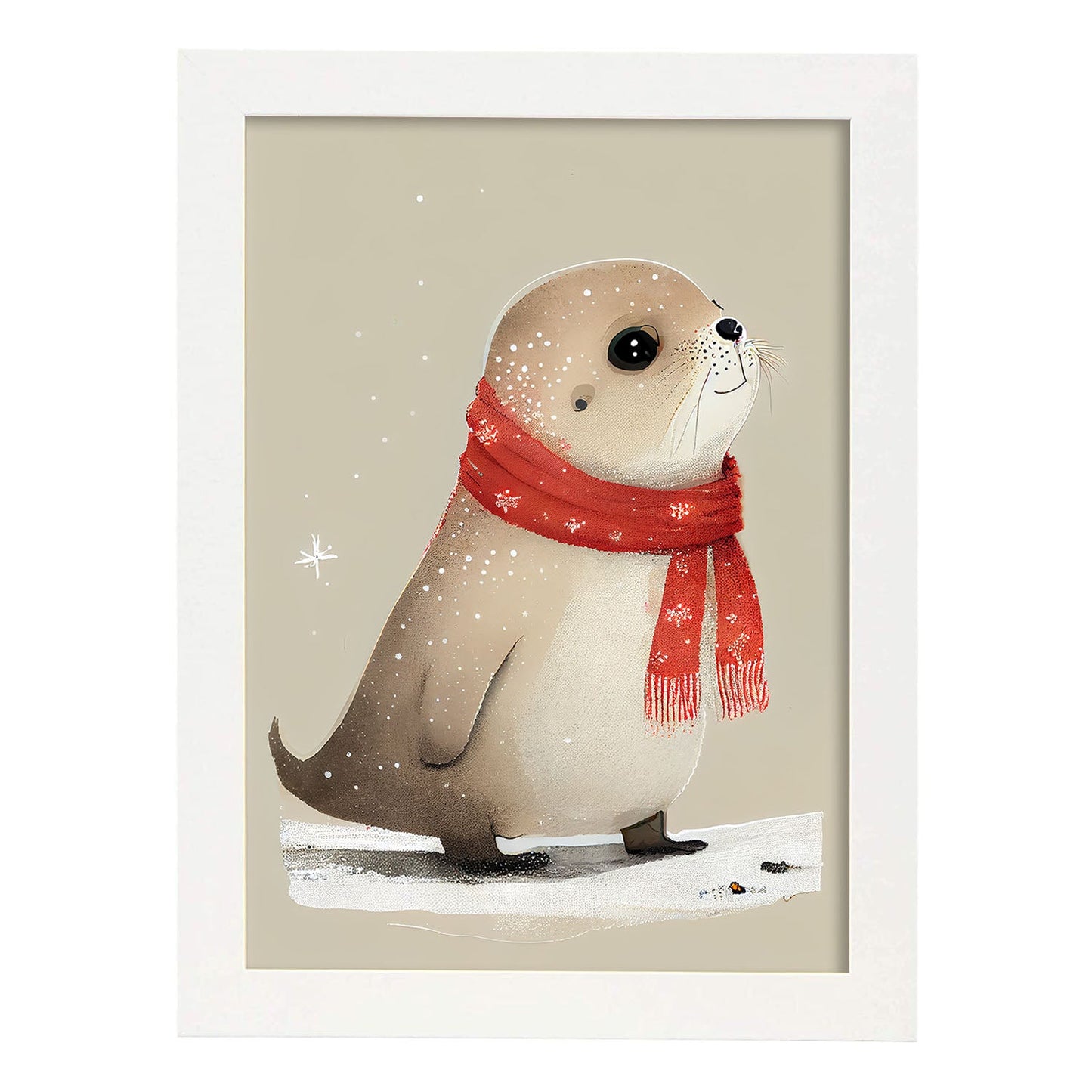 Nacnic Lindo Baby Sea Lion con rojo. Estampados de arte de pared estético para el diseño de dormitorio o sala de estar.-Artwork-Nacnic-A4-Marco Blanco-Nacnic Estudio SL