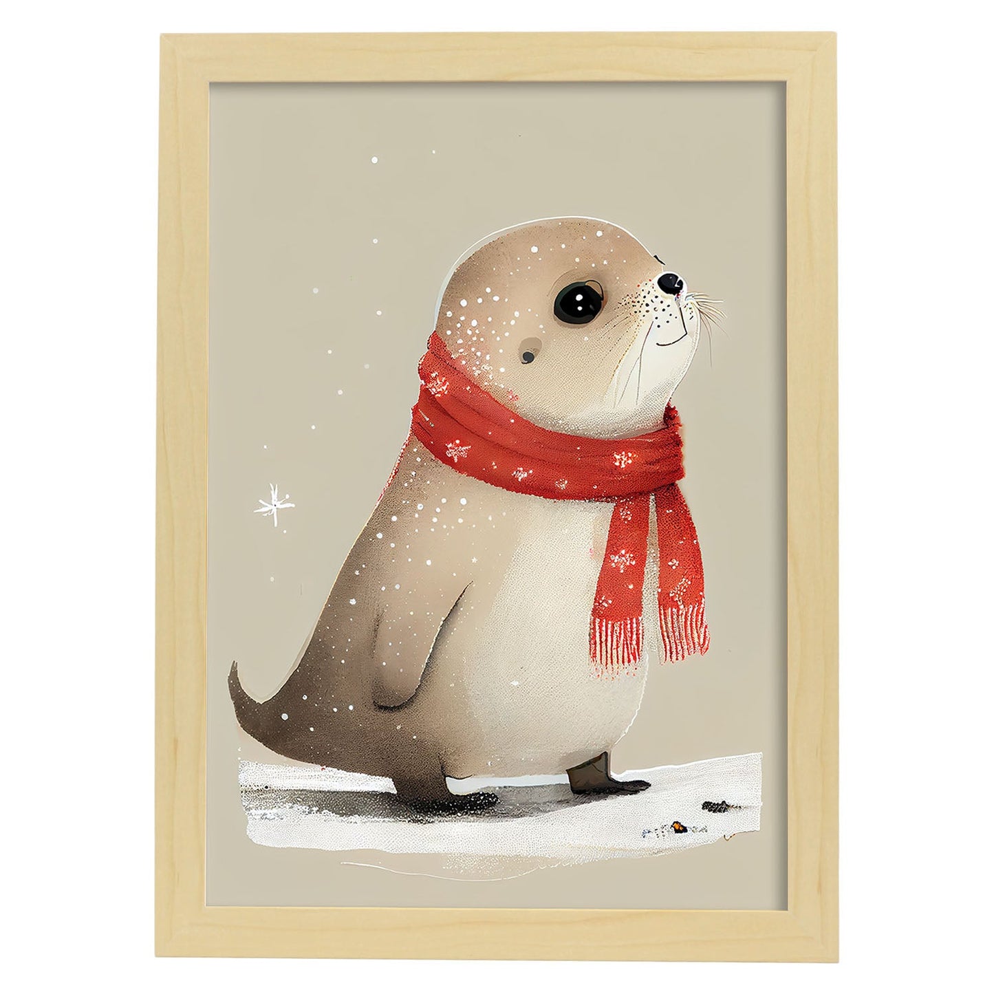 Nacnic Lindo Baby Sea Lion con rojo. Estampados de arte de pared estético para el diseño de dormitorio o sala de estar.-Artwork-Nacnic-A4-Marco Madera clara-Nacnic Estudio SL