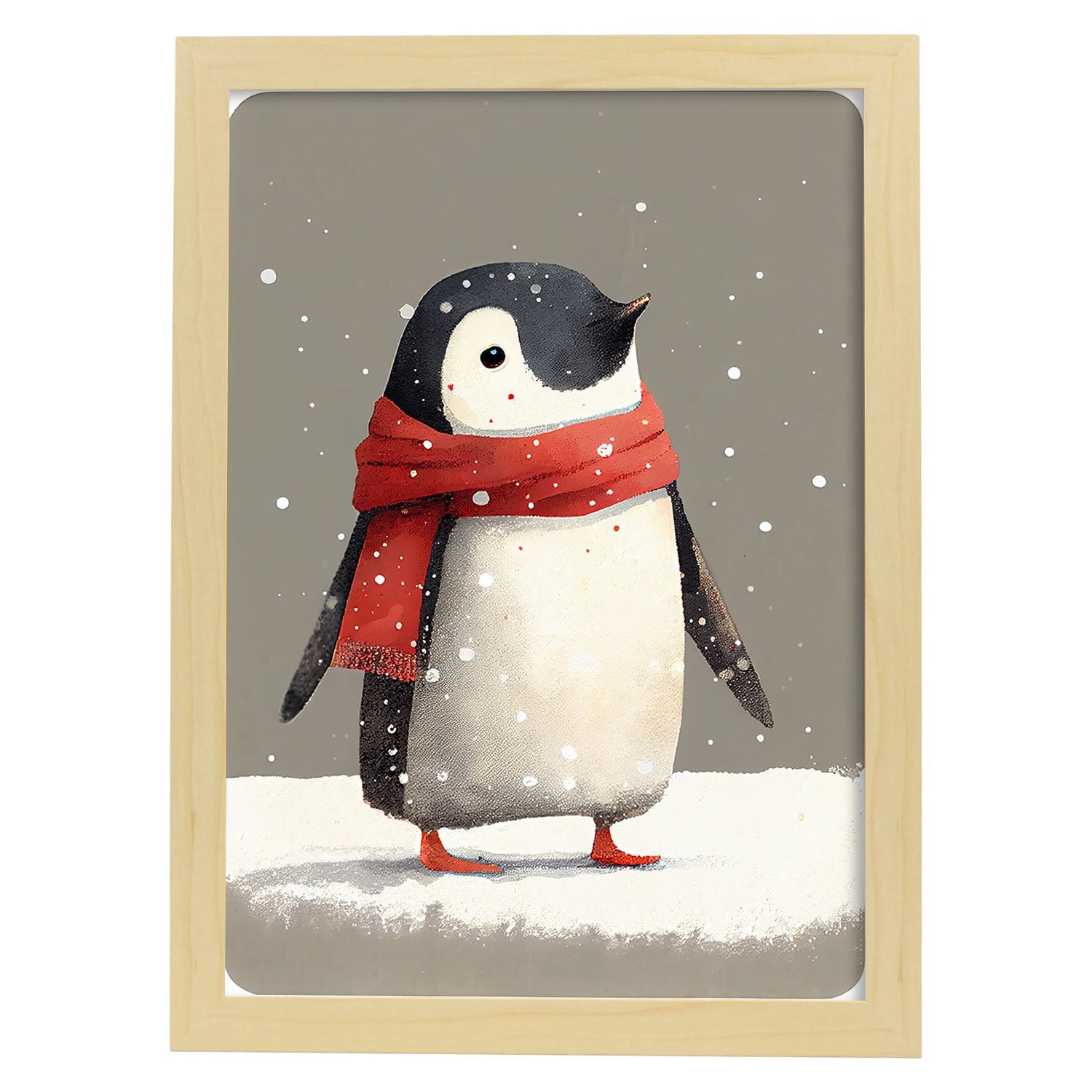 Nacnic lindo bebé pingüino con rojo. Estampados de arte de pared estético para el diseño de dormitorio o sala de estar.-Artwork-Nacnic-A4-Marco Madera clara-Nacnic Estudio SL