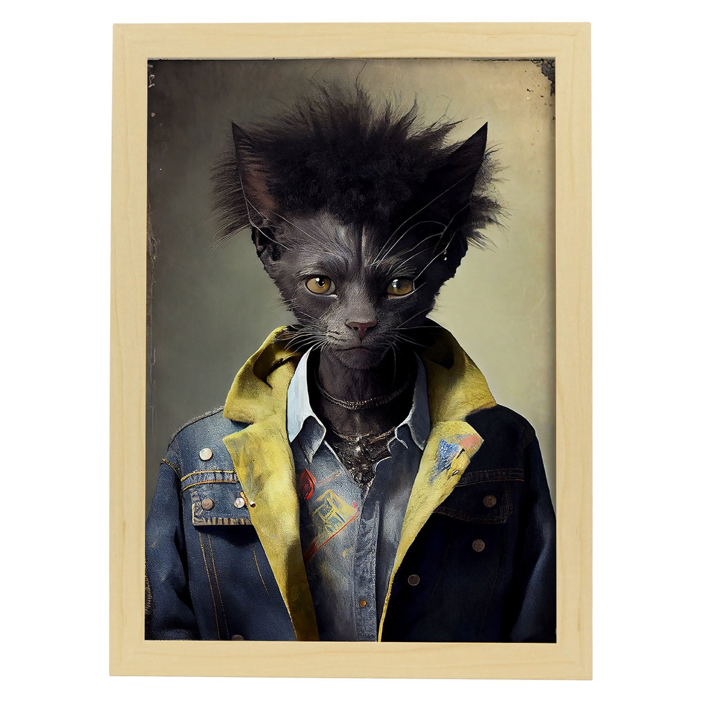 Nacnic Lykoi se vistió con ropa humana. Estampados de arte de pared estético para el diseño de dormitorio o sala de estar.-Artwork-Nacnic-A4-Marco Madera clara-Nacnic Estudio SL