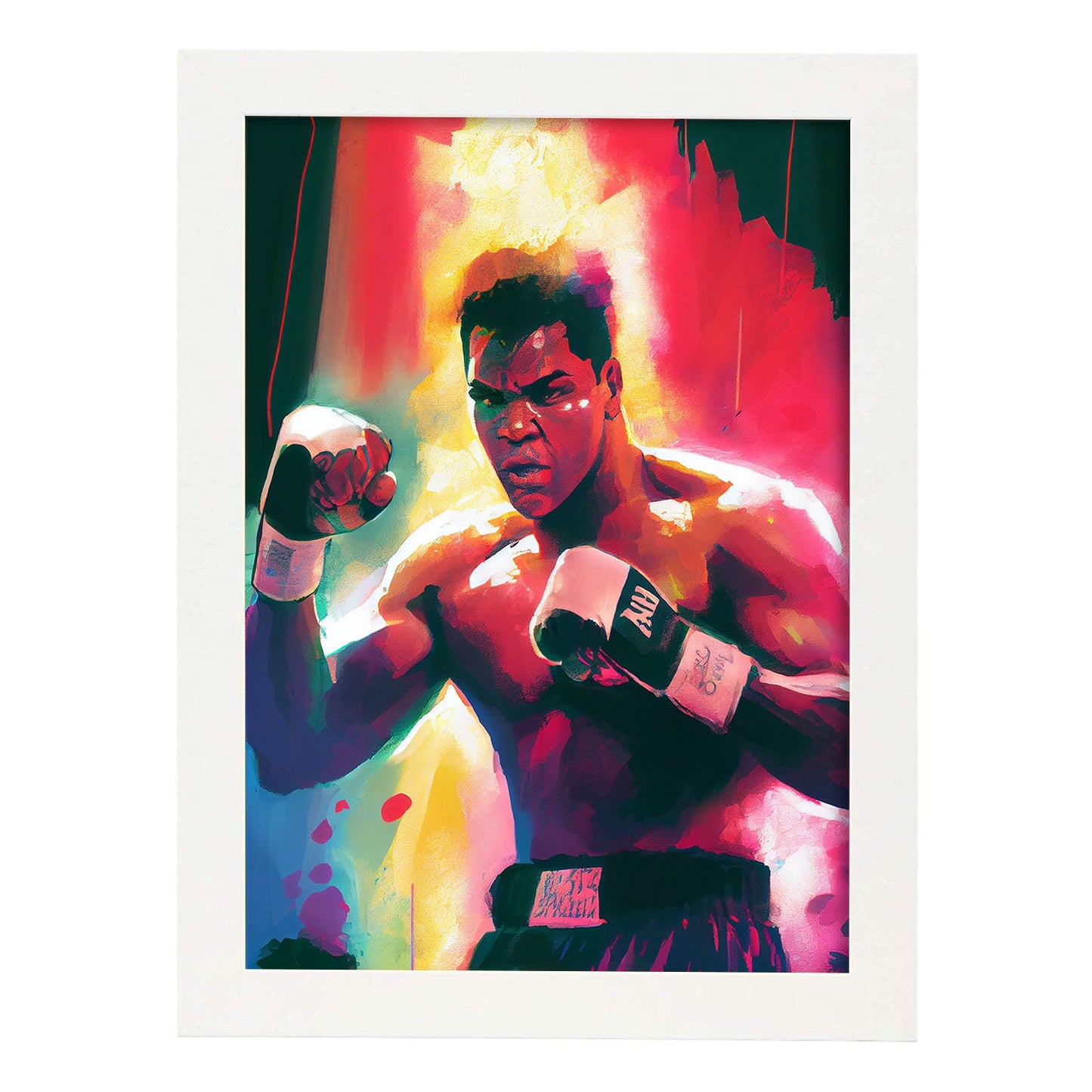 Nacnic Muhammad Ali ganando una figura dinámica de estilo Pixar Pixar. Estampados de arte de pared estético para el diseño de dormitorio o sala de estar.-Artwork-Nacnic-A4-Marco Blanco-Nacnic Estudio SL