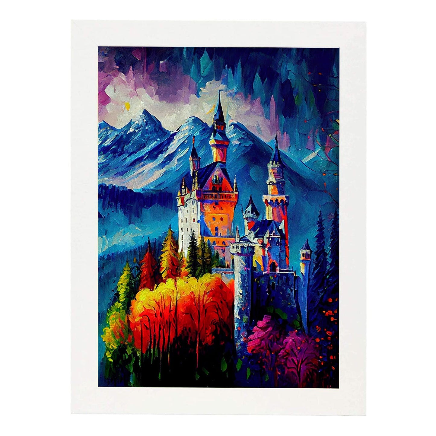 Nacnic Neuschwanstein Castle Bavaria Alemania Pintura al óleo b. Estampados de arte de pared estético para el diseño de dormitorio o sala de estar.-Artwork-Nacnic-A4-Marco Blanco-Nacnic Estudio SL