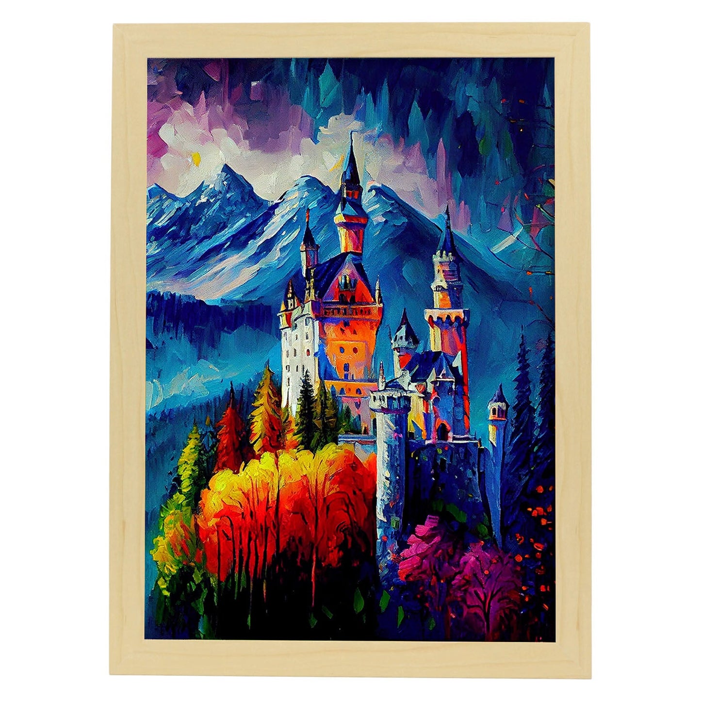 Nacnic Neuschwanstein Castle Bavaria Alemania Pintura al óleo b. Estampados de arte de pared estético para el diseño de dormitorio o sala de estar.-Artwork-Nacnic-A4-Marco Madera clara-Nacnic Estudio SL