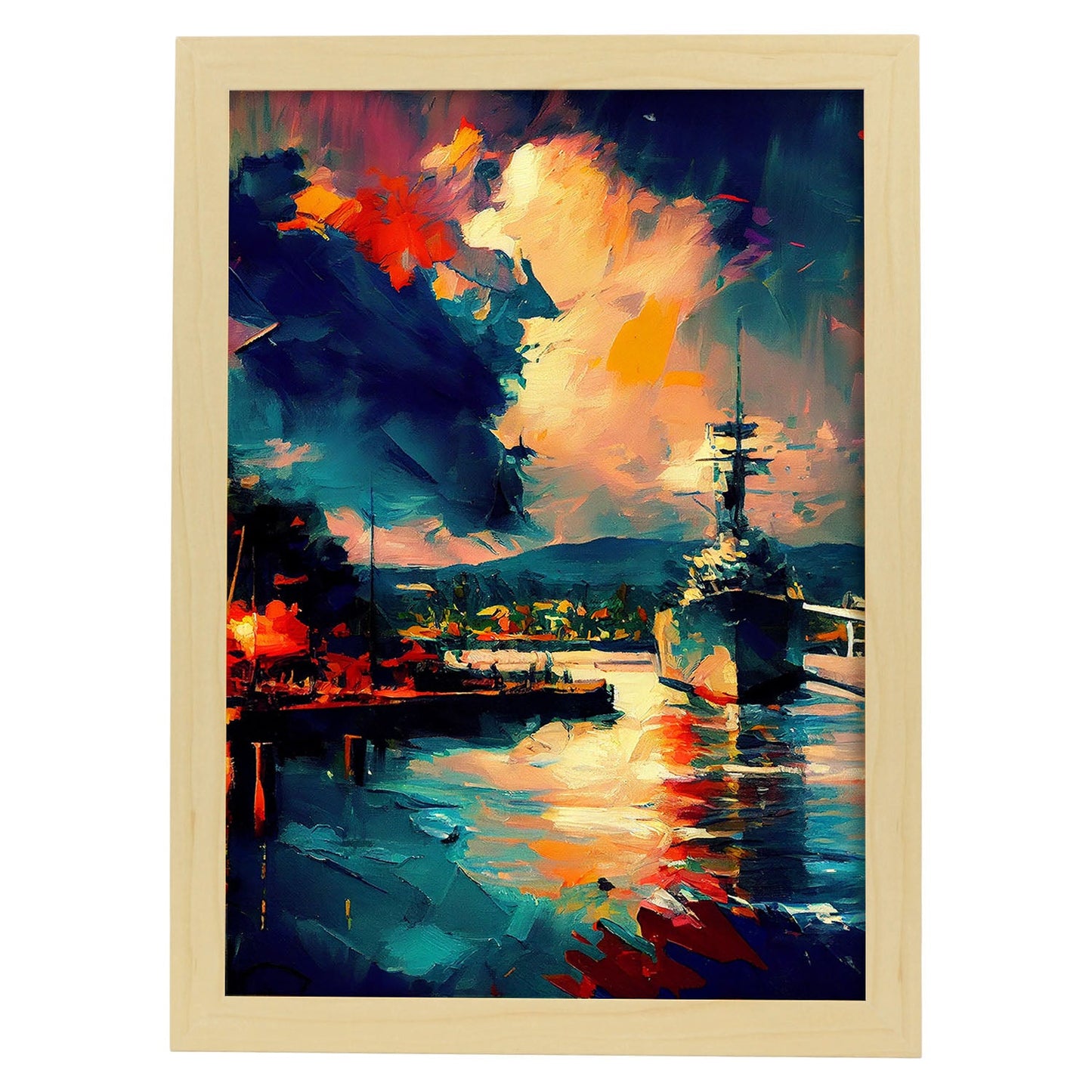 Nacnic Pearl Harbor Honolulu Oahu Hawaii USA Pintura al óleo b. Estampados de arte de pared estético para el diseño de dormitorio o sala de estar.-Artwork-Nacnic-A4-Marco Madera clara-Nacnic Estudio SL