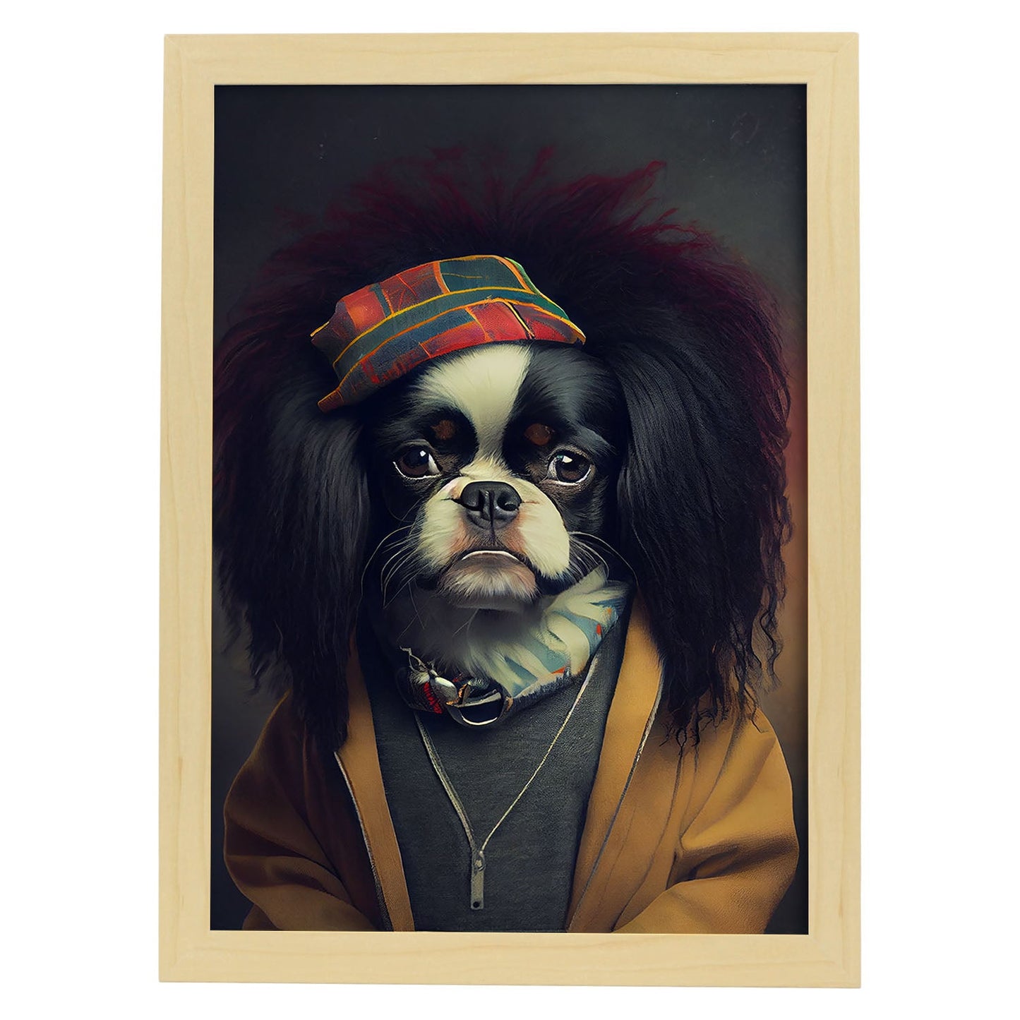 Nacnic, una barbilla japonesa tipo perro vestida con tela humana. Estampados de arte de pared estético para el diseño de dormitorio o sala de estar.-Artwork-Nacnic-A4-Marco Madera clara-Nacnic Estudio SL