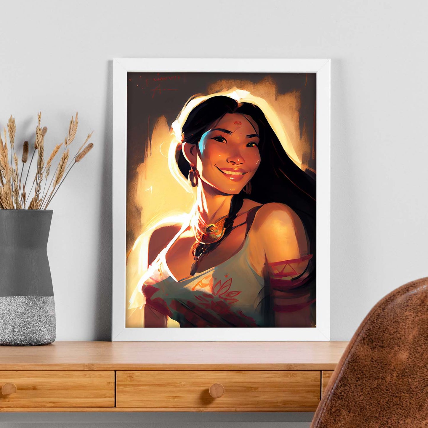 Nacnic Pocahontas sonriendo al estilo Pixar Figura dinámica dibujando. Estampados de arte de pared estético para el diseño de dormitorio o sala de estar.-Artwork-Nacnic-Nacnic Estudio SL