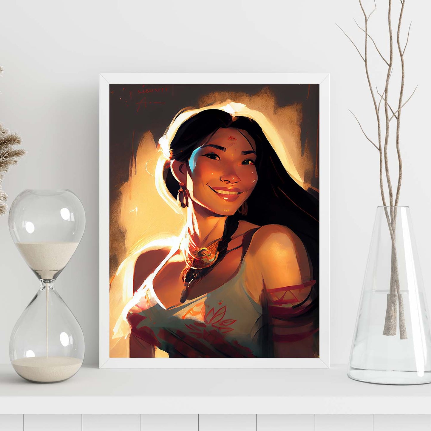 Nacnic Pocahontas sonriendo al estilo Pixar Figura dinámica dibujando. Estampados de arte de pared estético para el diseño de dormitorio o sala de estar.-Artwork-Nacnic-Nacnic Estudio SL