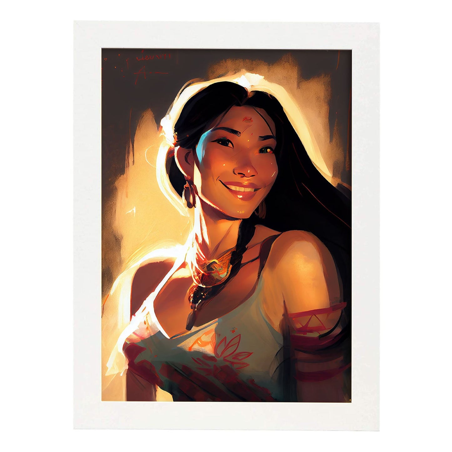 Nacnic Pocahontas sonriendo al estilo Pixar Figura dinámica dibujando. Estampados de arte de pared estético para el diseño de dormitorio o sala de estar.-Artwork-Nacnic-A4-Marco Blanco-Nacnic Estudio SL