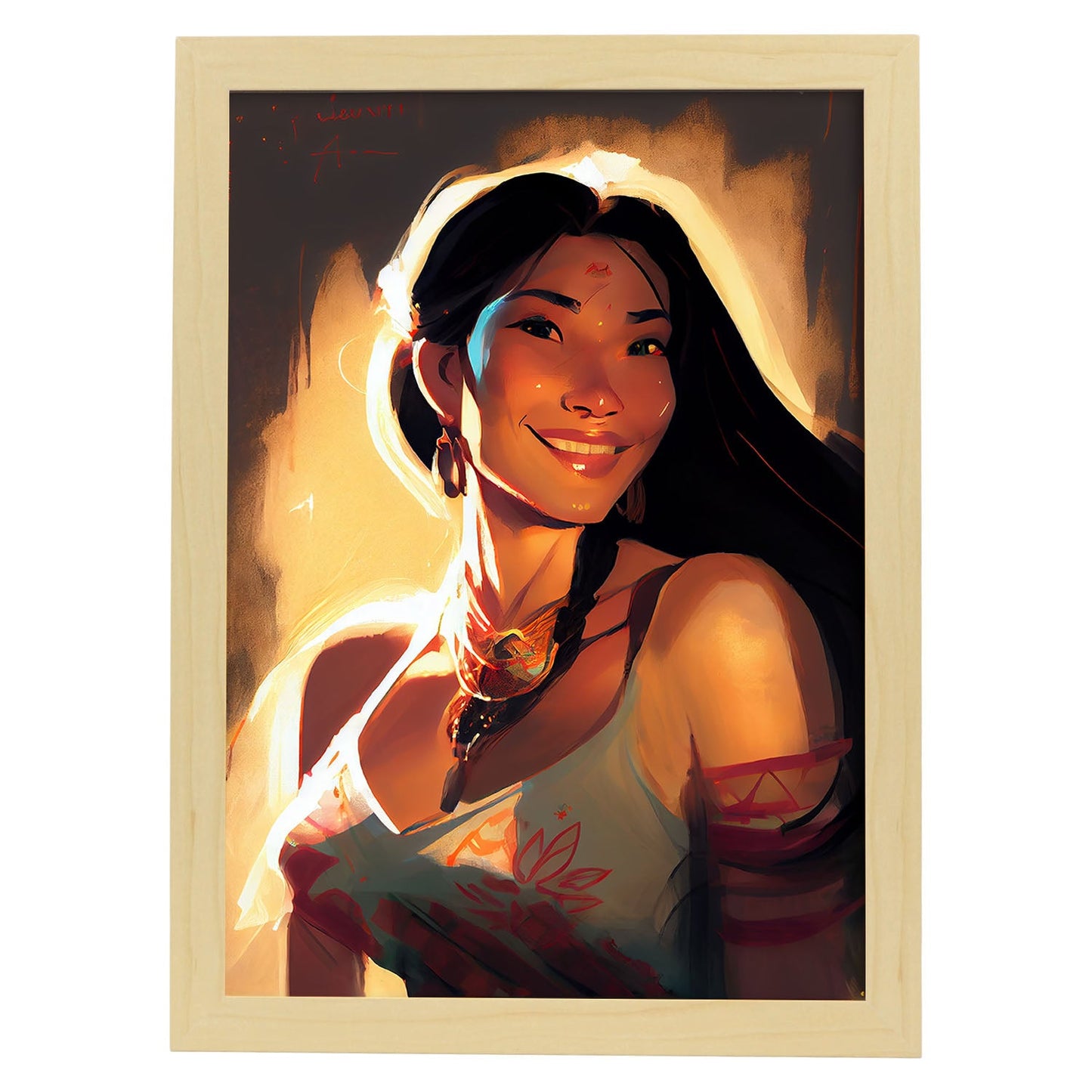 Nacnic Pocahontas sonriendo al estilo Pixar Figura dinámica dibujando. Estampados de arte de pared estético para el diseño de dormitorio o sala de estar.-Artwork-Nacnic-A4-Marco Madera clara-Nacnic Estudio SL