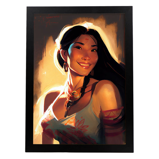 Nacnic Pocahontas sonriendo al estilo Pixar Figura dinámica dibujando. Estampados de arte de pared estético para el diseño de dormitorio o sala de estar.-Artwork-Nacnic-A4-Sin marco-Nacnic Estudio SL
