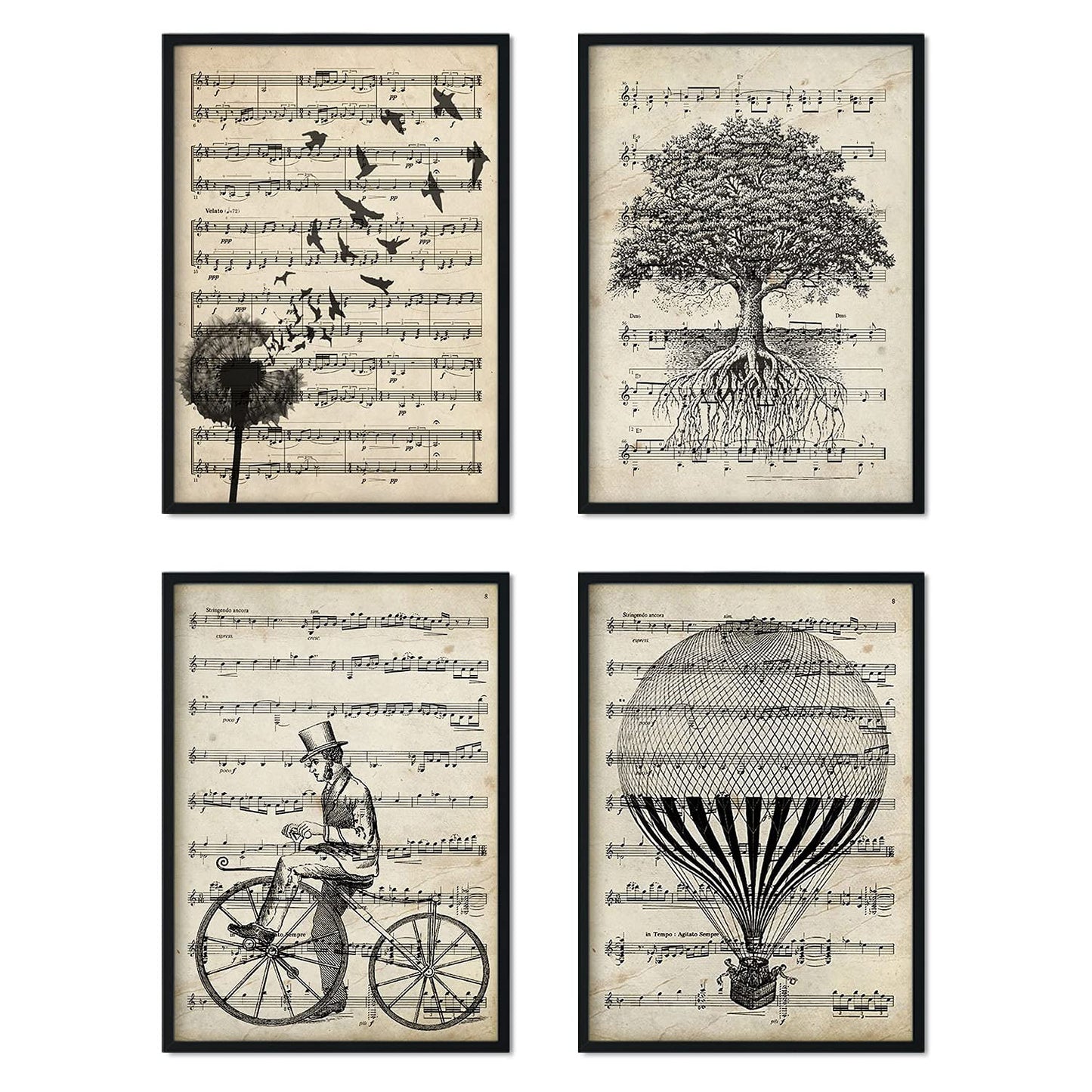 Nacnic - Set 4 Láminas Vintage Partituras Musicales - Árbol Vida, Bicicleta, Diente de León y Globo Antiguo-Artwork-Nacnic-Nacnic Estudio SL