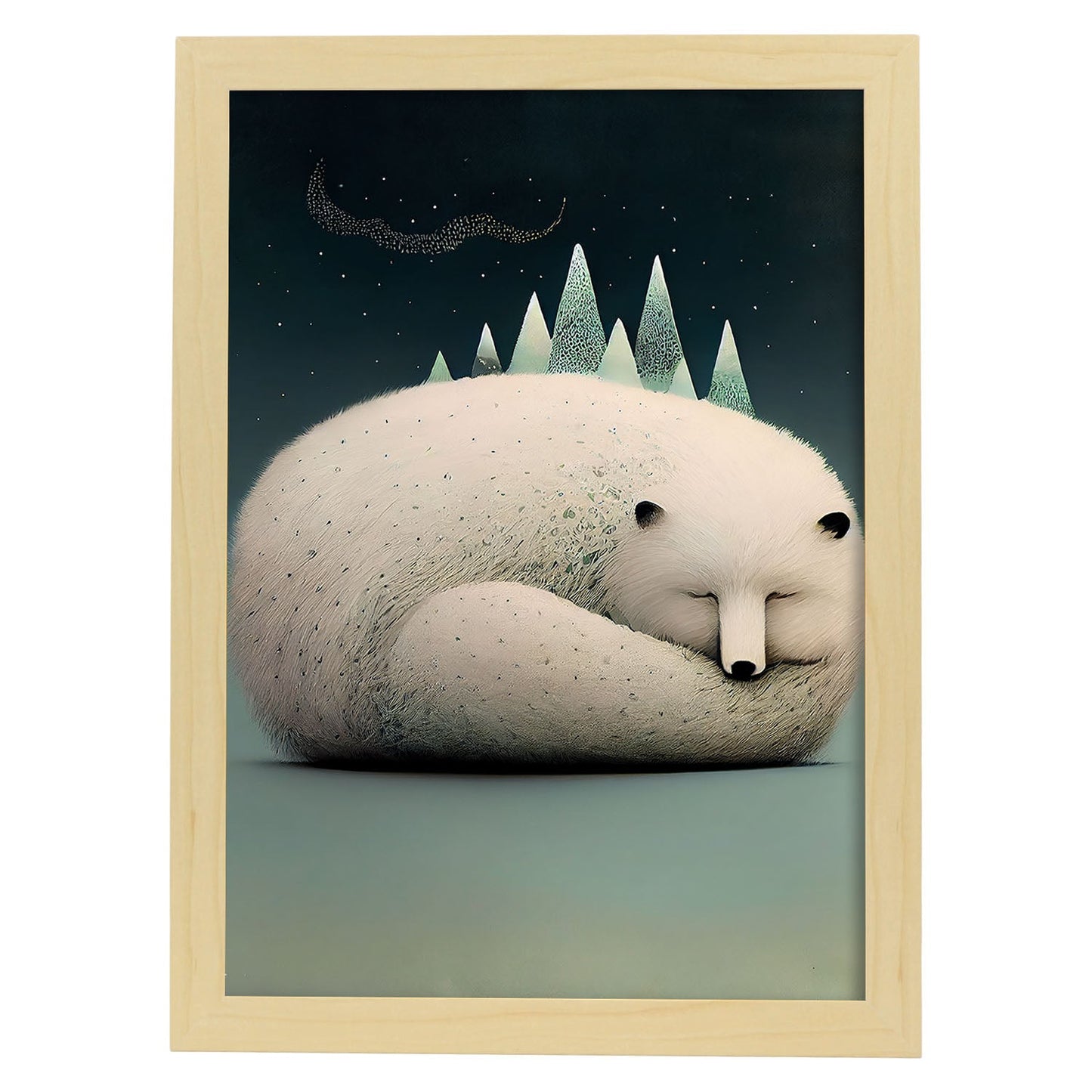 Nacnic Sleeping Fluffy Arctic Fox Precisionism. Estampados de arte de pared estético para el diseño de dormitorio o sala de estar.-Artwork-Nacnic-A4-Marco Madera clara-Nacnic Estudio SL