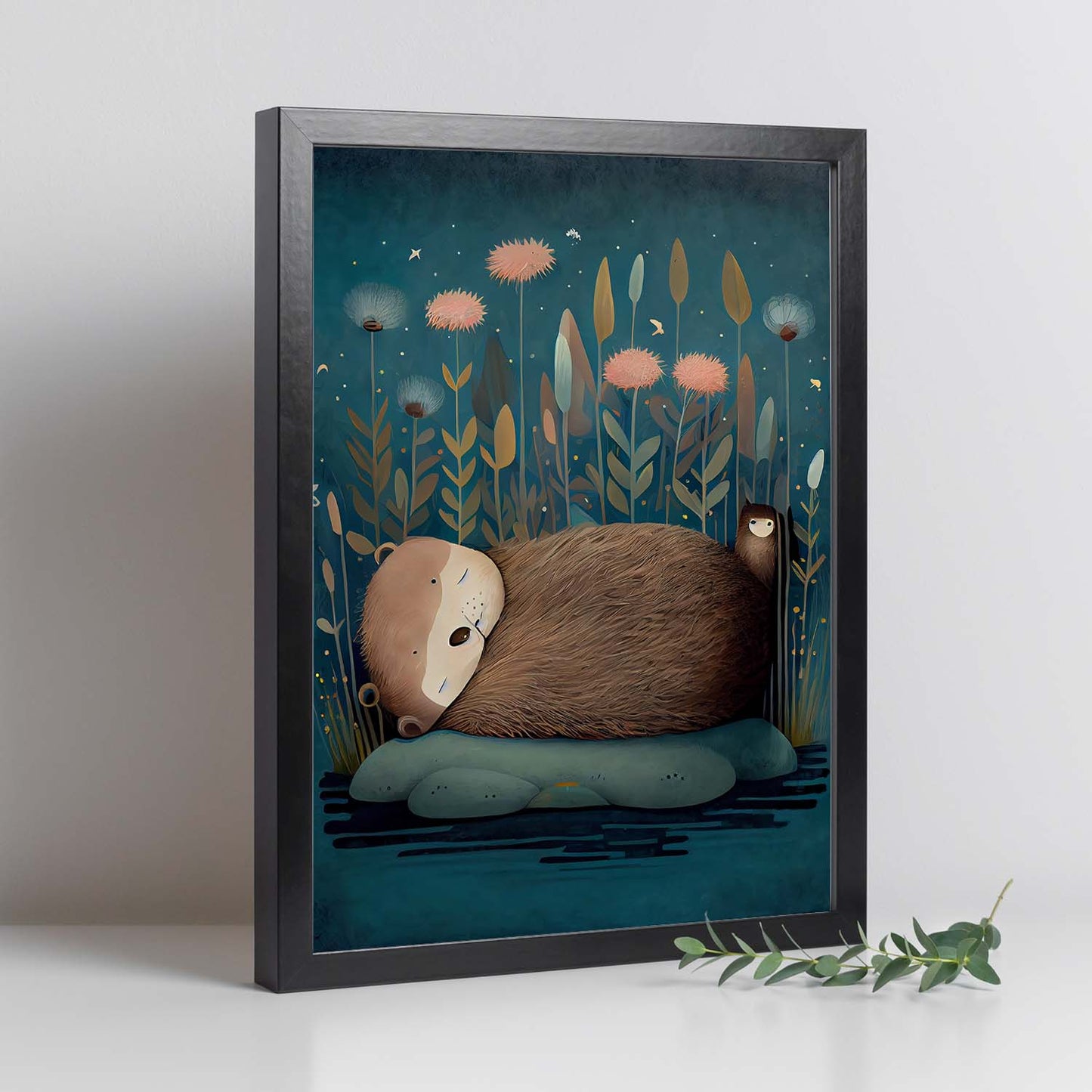 Nacnic Sleeping Fluffy Otter Precisionism Style. Estampados de arte de pared estético para el diseño de dormitorio o sala de estar.-Artwork-Nacnic-Nacnic Estudio SL