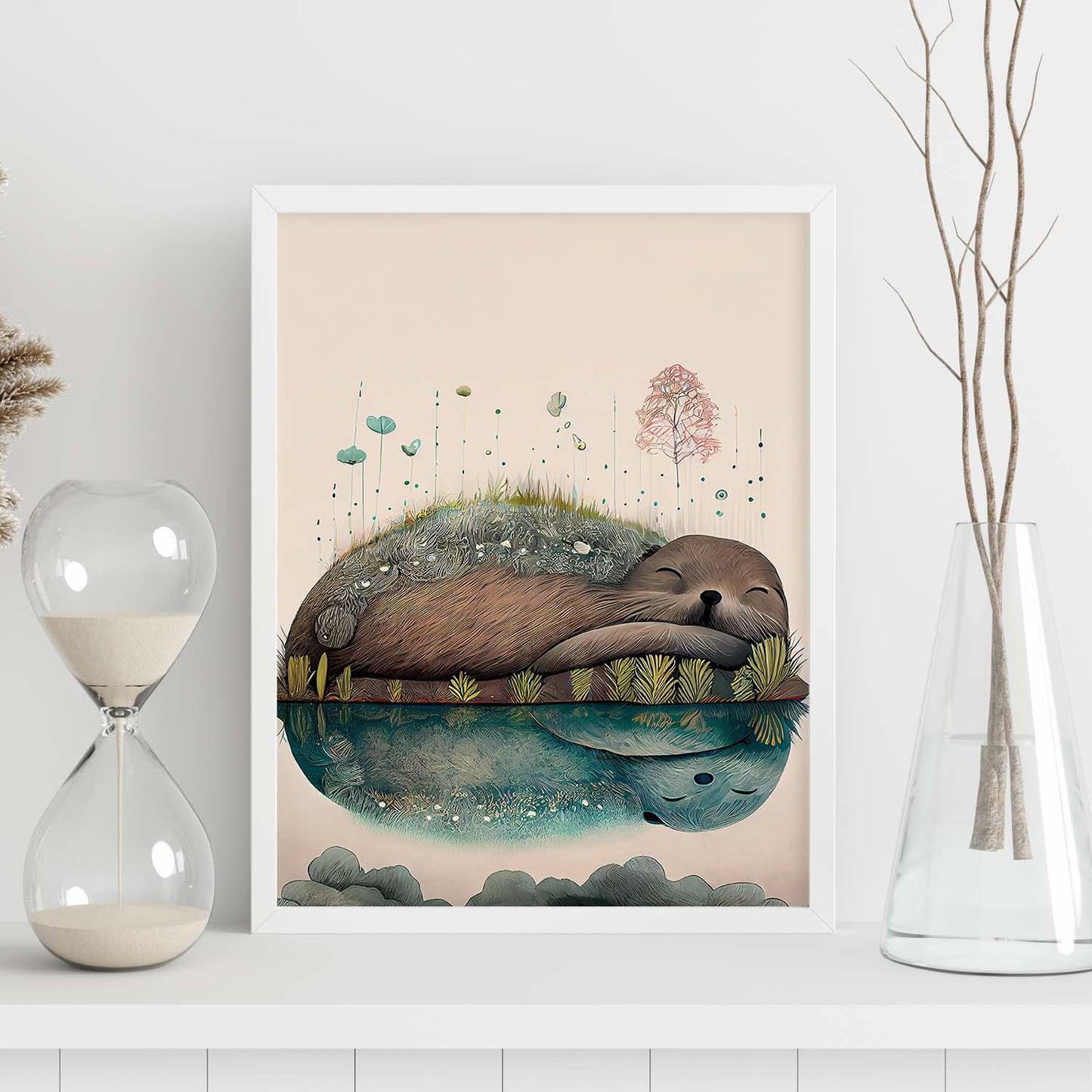 Nacnic Sleeping Fluffy Otter Precisionism Style. Estampados de arte de pared estético para el diseño de dormitorio o sala de estar.-Artwork-Nacnic-Nacnic Estudio SL