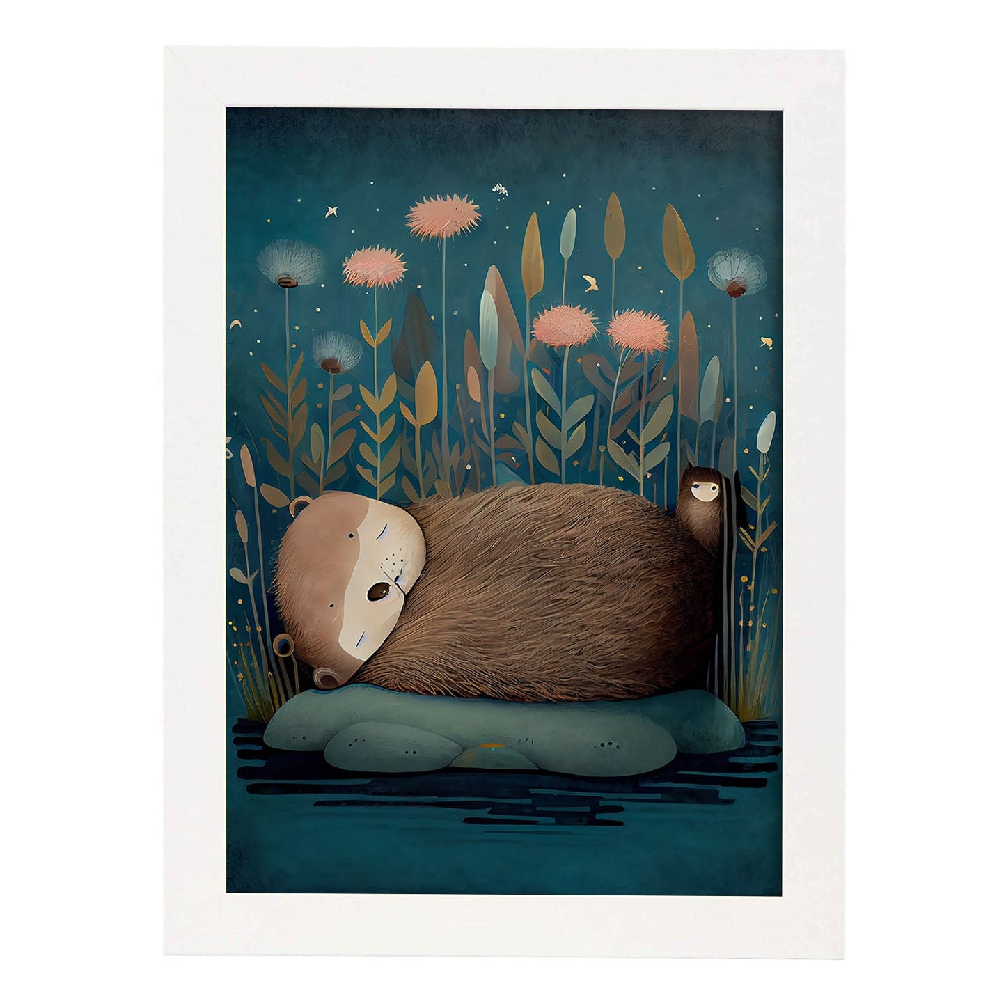 Nacnic Sleeping Fluffy Otter Precisionism Style. Estampados de arte de pared estético para el diseño de dormitorio o sala de estar.-Artwork-Nacnic-A4-Marco Blanco-Nacnic Estudio SL