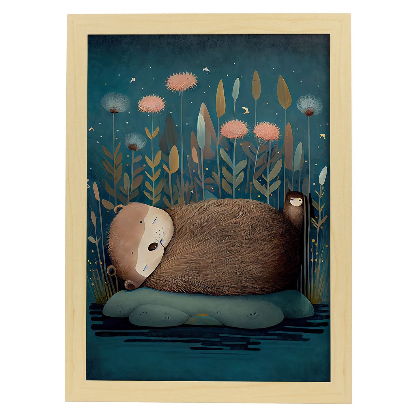 Nacnic Sleeping Fluffy Otter Precisionism Style. Estampados de arte de pared estético para el diseño de dormitorio o sala de estar.-Artwork-Nacnic-A4-Marco Madera clara-Nacnic Estudio SL