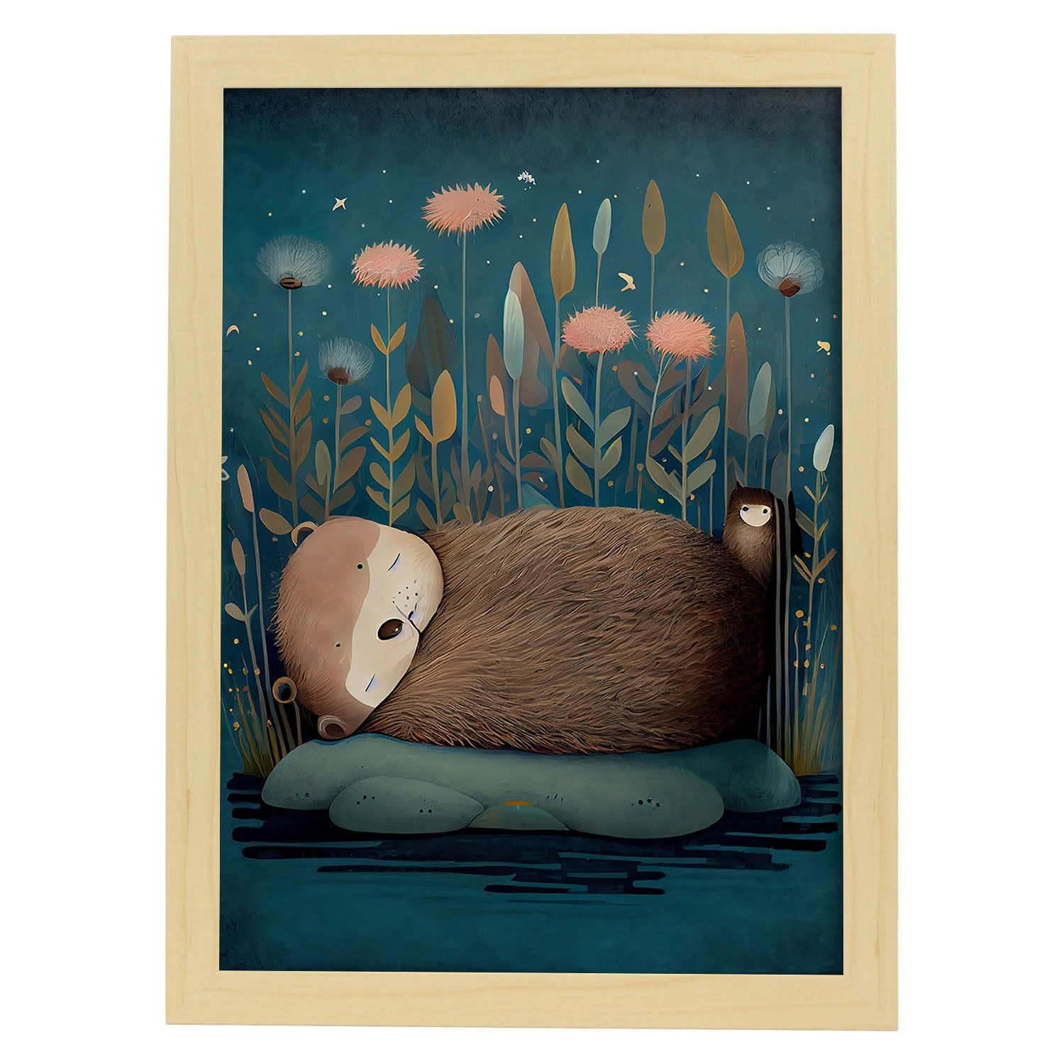 Nacnic Sleeping Fluffy Otter Precisionism Style. Estampados de arte de pared estético para el diseño de dormitorio o sala de estar.-Artwork-Nacnic-A4-Marco Madera clara-Nacnic Estudio SL