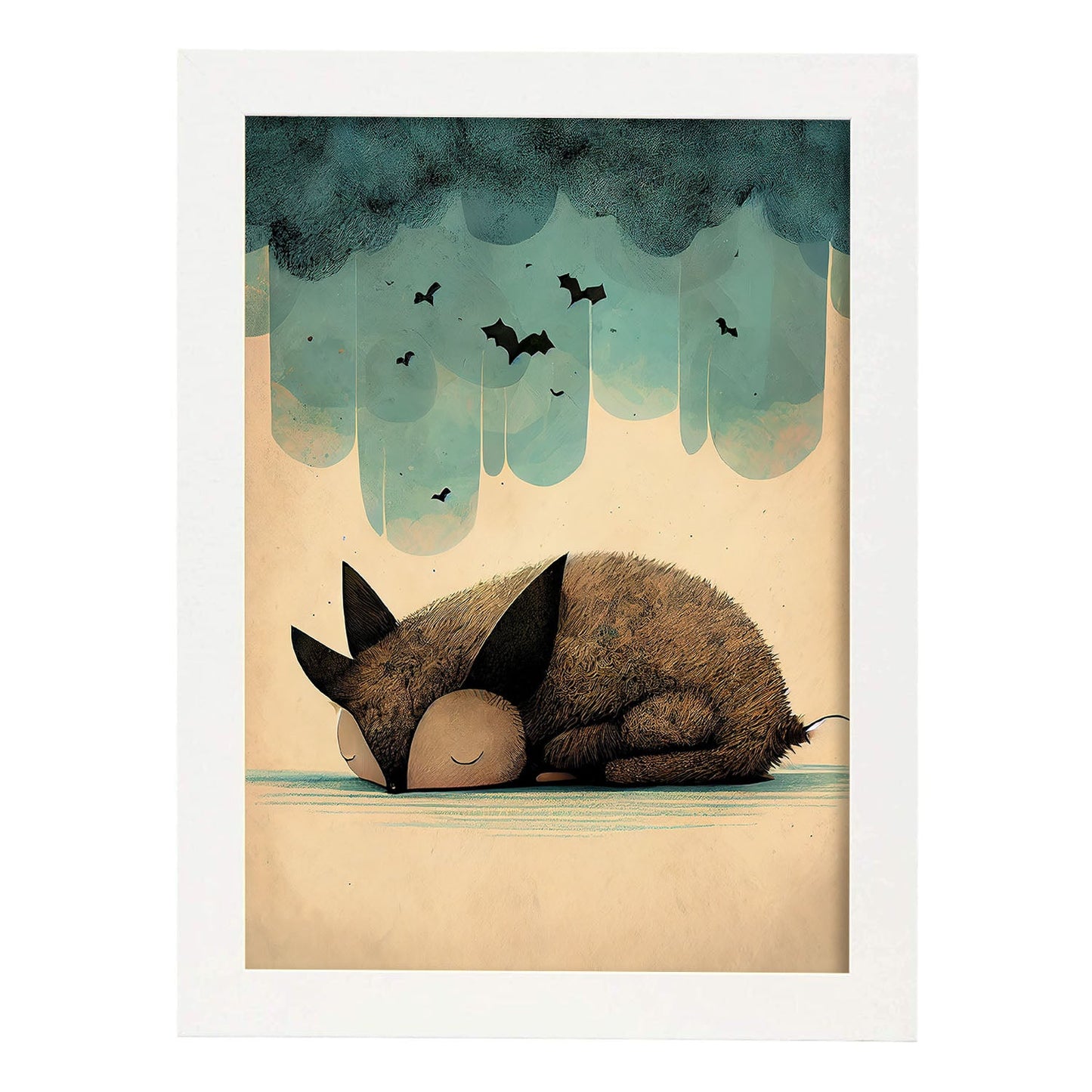 Nacnic Sleeping Sleeping Fluffy Bat Precisionism Style. Estampados de arte de pared estético para el diseño de dormitorio o sala de estar.-Artwork-Nacnic-A4-Marco Blanco-Nacnic Estudio SL