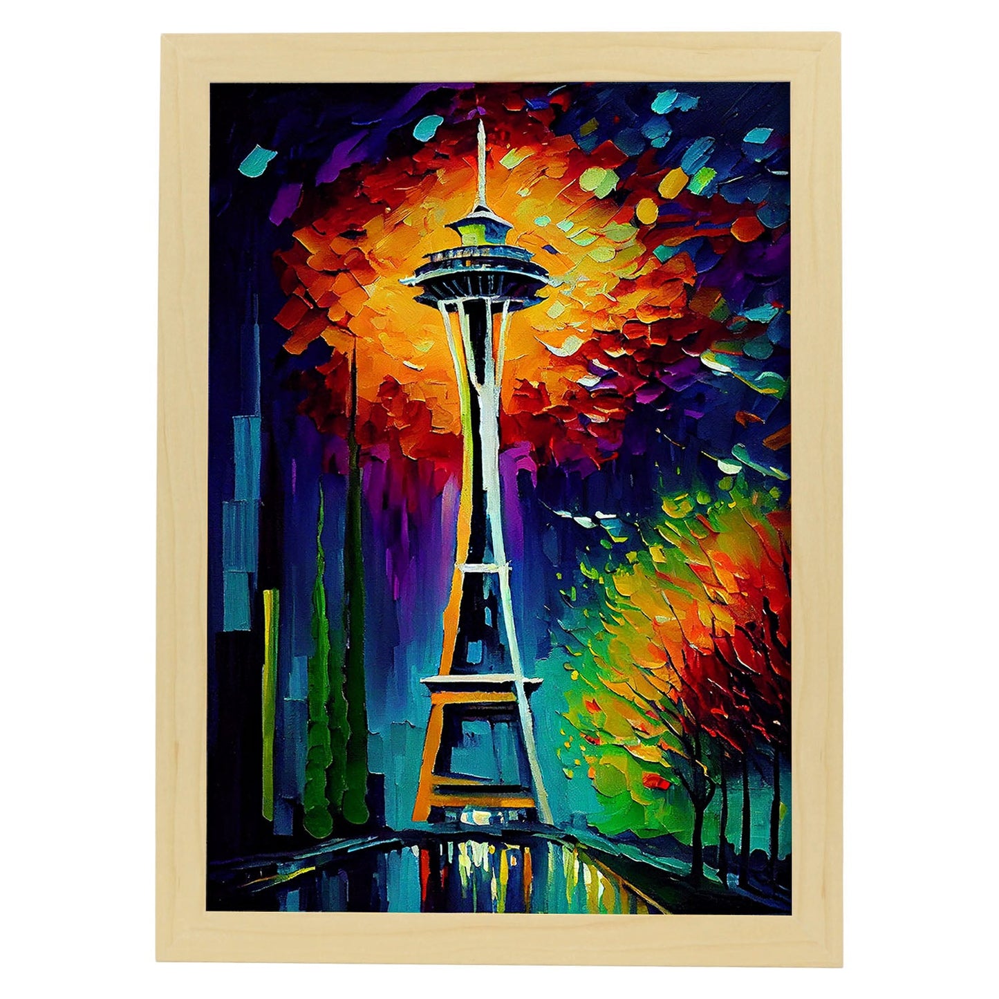 Nacnic Space Needle Seattle Washington USA Pintura al óleo Bru. Estampados de arte de pared estético para el diseño de dormitorio o sala de estar.-Artwork-Nacnic-A4-Marco Madera clara-Nacnic Estudio SL
