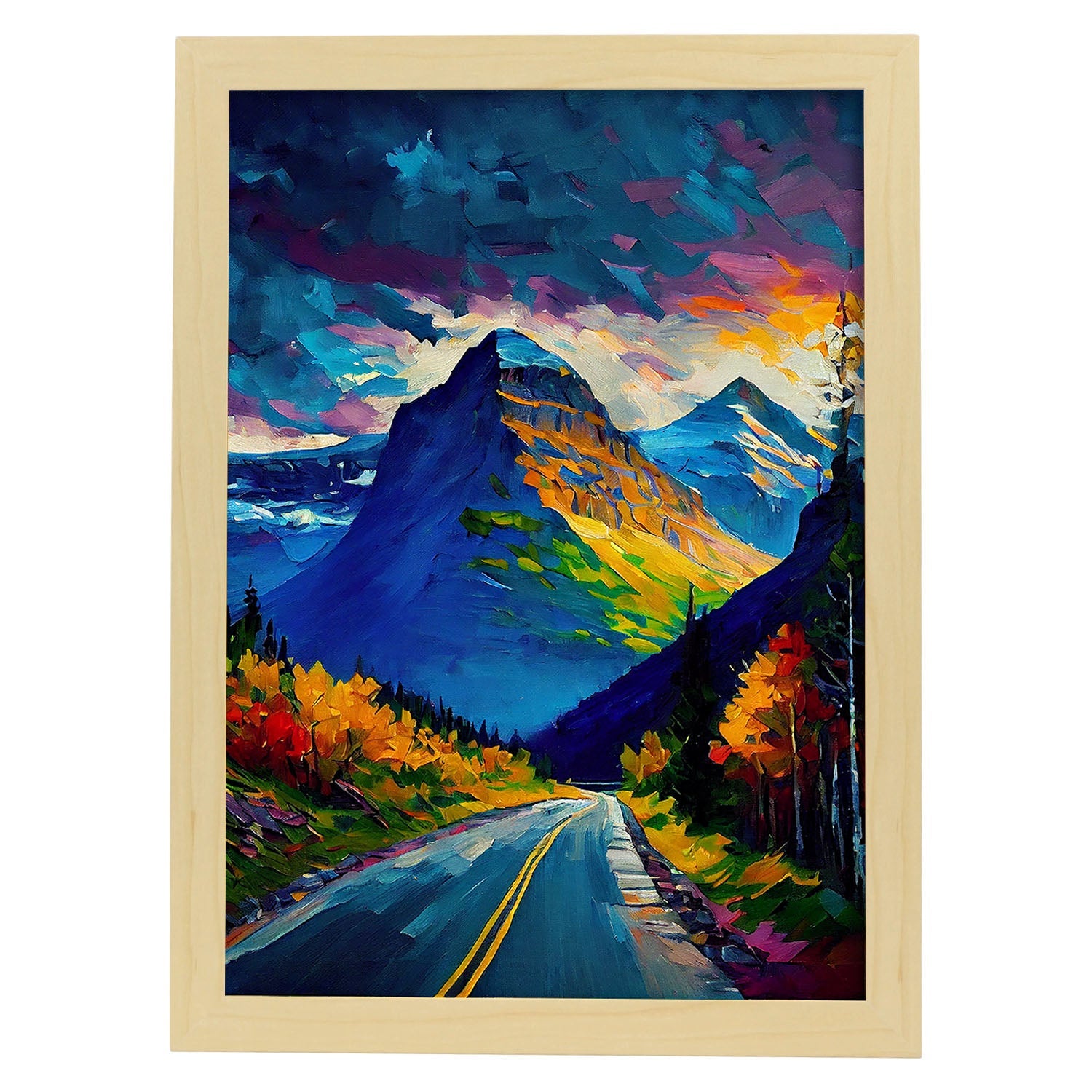 Nacnic Sun Road Montana USA Pintura al óleo 3. estampados de arte de pared estético para el diseño de dormitorio o sala de estar.-Artwork-Nacnic-A4-Marco Madera clara-Nacnic Estudio SL