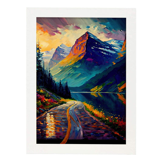 Nacnic Sun Road Montana USA Pintura al óleo de pincel 1. estampados de arte de pared estético para el diseño de dormitorio o sala de estar.-Artwork-Nacnic-A4-Marco Blanco-Nacnic Estudio SL