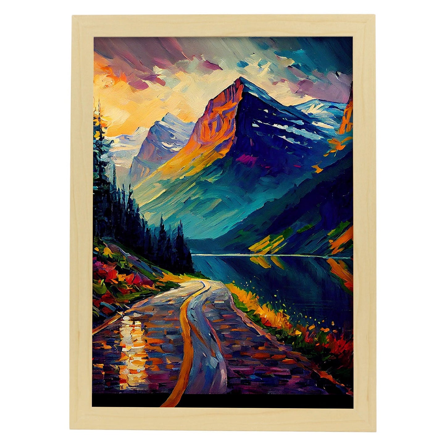 Nacnic Sun Road Montana USA Pintura al óleo de pincel 1. estampados de arte de pared estético para el diseño de dormitorio o sala de estar.-Artwork-Nacnic-A4-Marco Madera clara-Nacnic Estudio SL