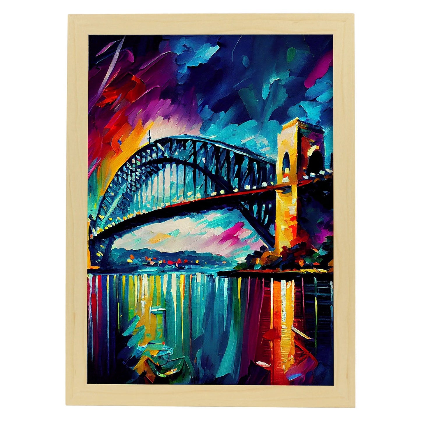 Nacnic Sydney Harbor Bridge Sydney Australia Pintura al óleo. Estampados de arte de pared estético para el diseño de dormitorio o sala de estar.-Artwork-Nacnic-A4-Marco Madera clara-Nacnic Estudio SL