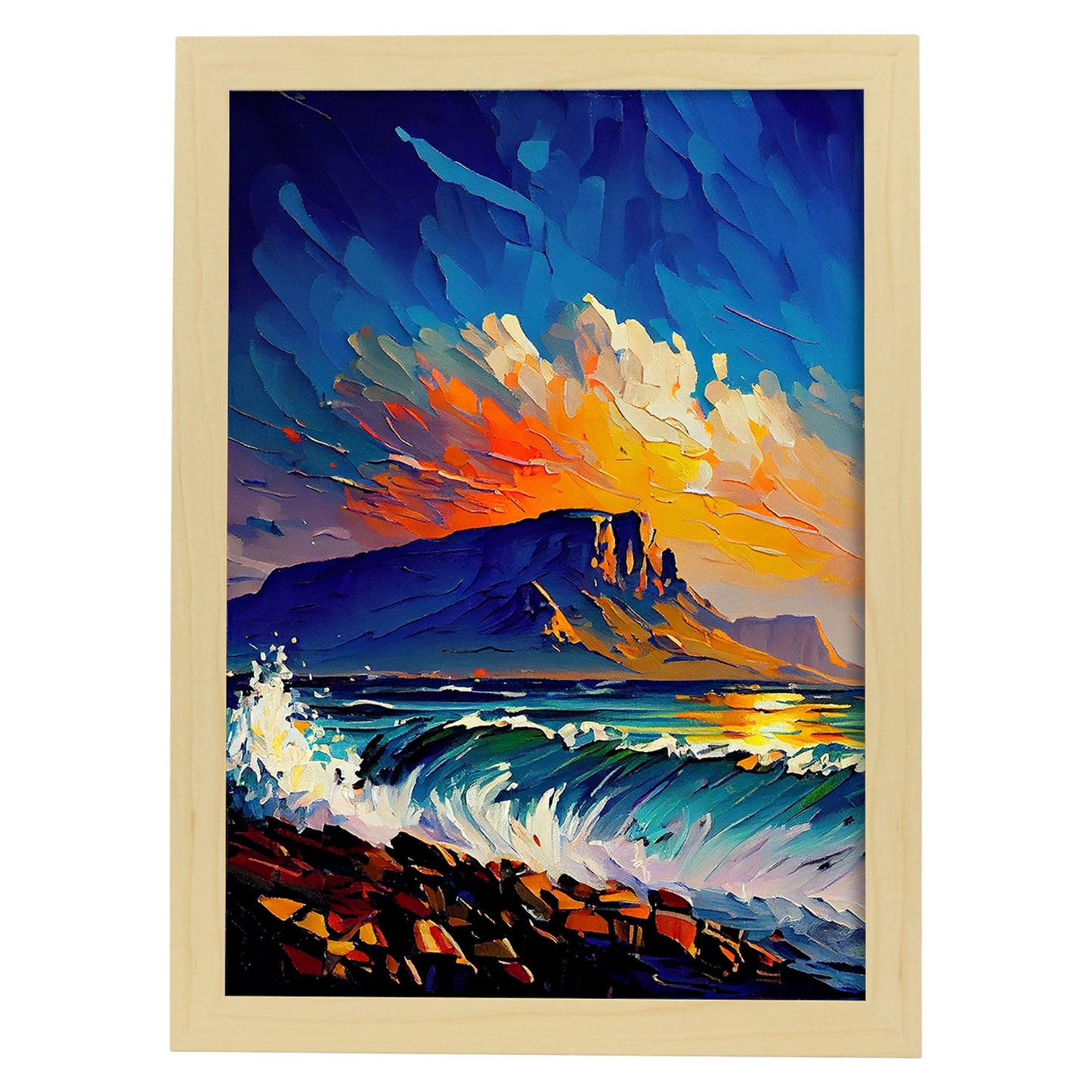 Nacnic Table Mountain Ciudad del Cabo Sudáfrica Pintura al óleo b. Estampados de arte de pared estético para el diseño de dormitorio o sala de estar.-Artwork-Nacnic-A4-Marco Madera clara-Nacnic Estudio SL